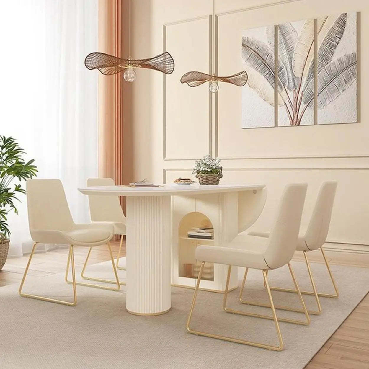 Modern Elegant White Stone-Top Oval Extendable Dining Table