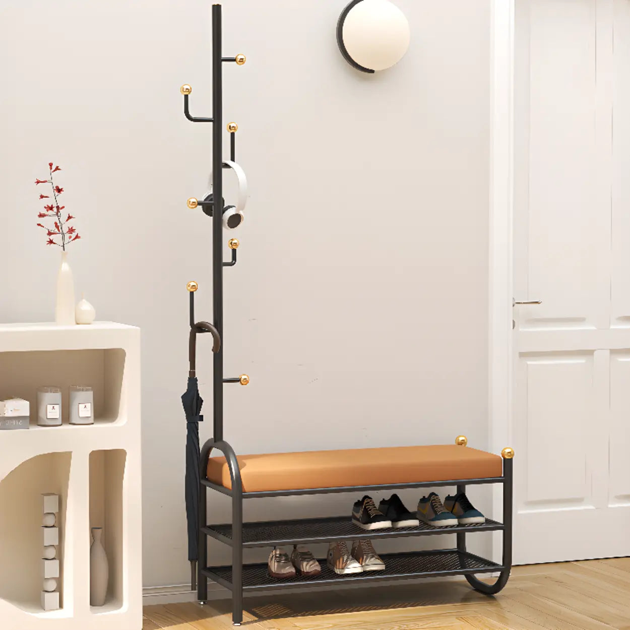 Entryway Bench with Coat Rack and Shoe Storage — Black