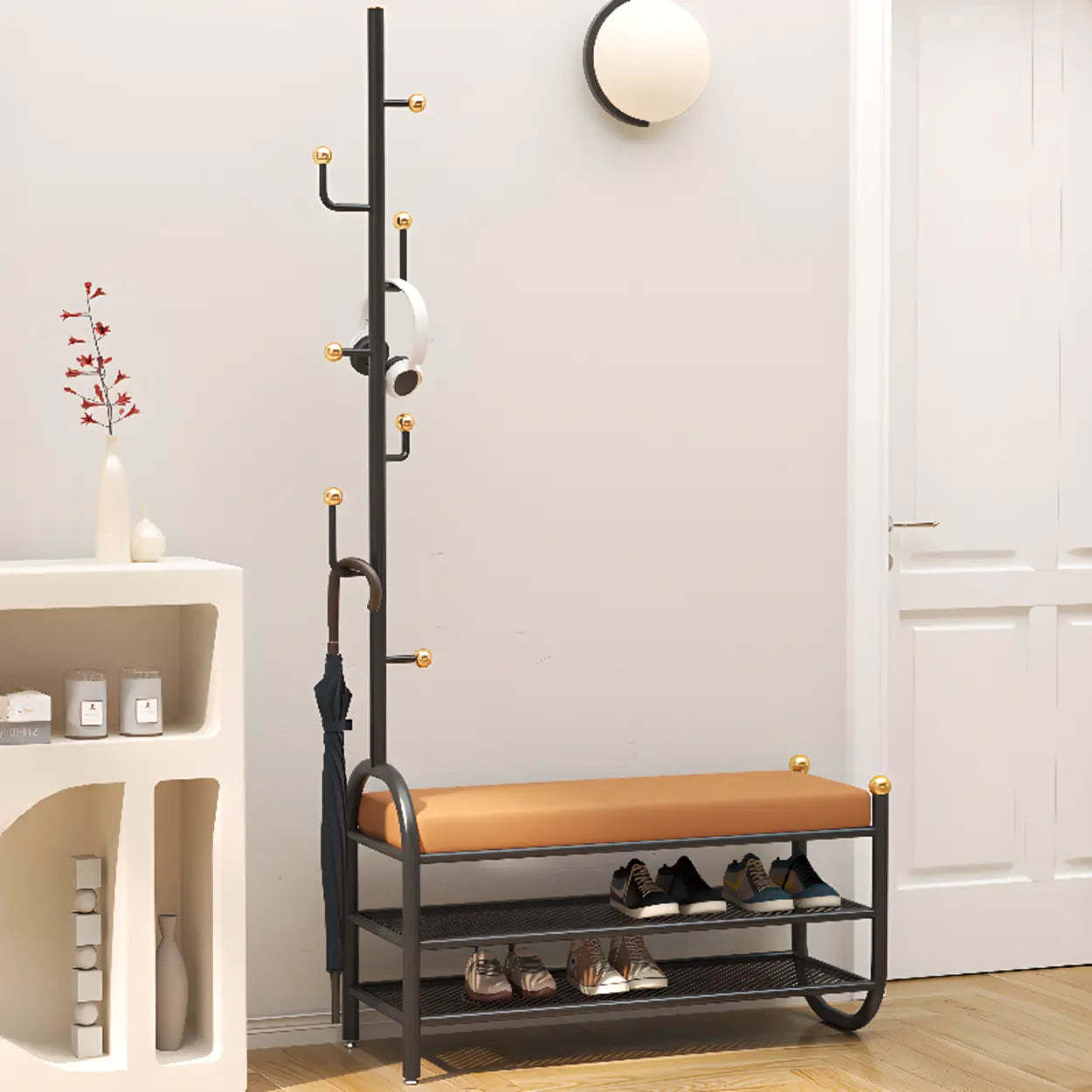 Entryway Bench with Coat Rack and Shoe Storage — Black