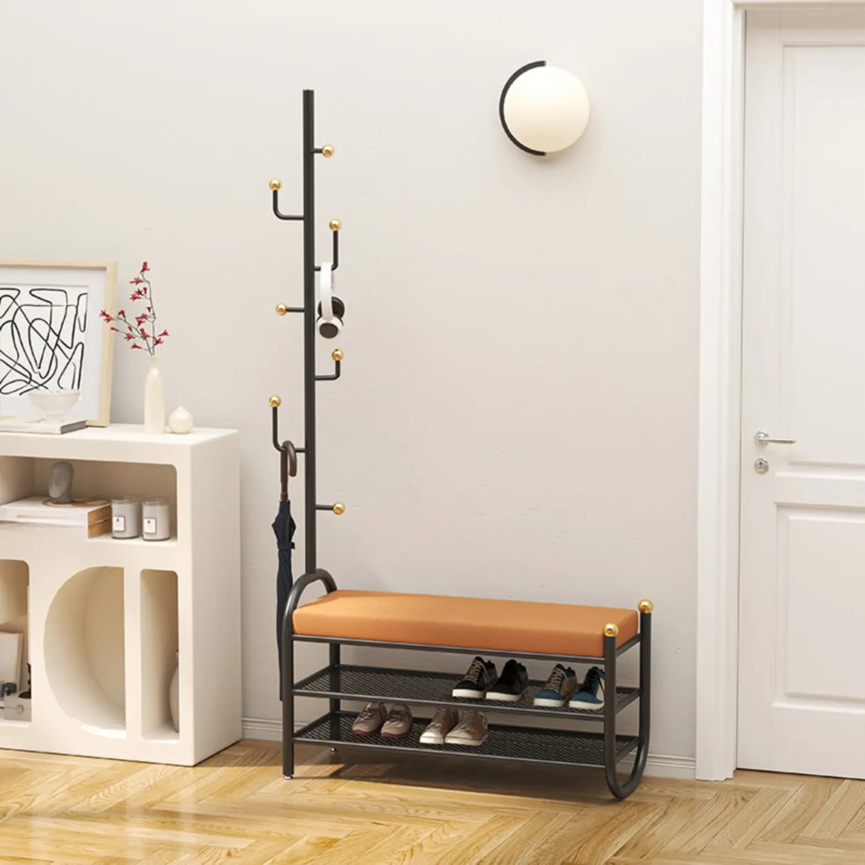 Entryway Bench with Coat Rack and Shoe Storage — White
