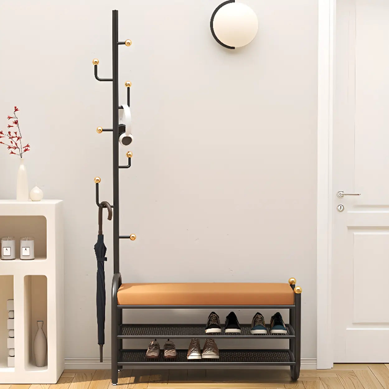 Entryway Bench with Coat Rack and Shoe Storage — Black