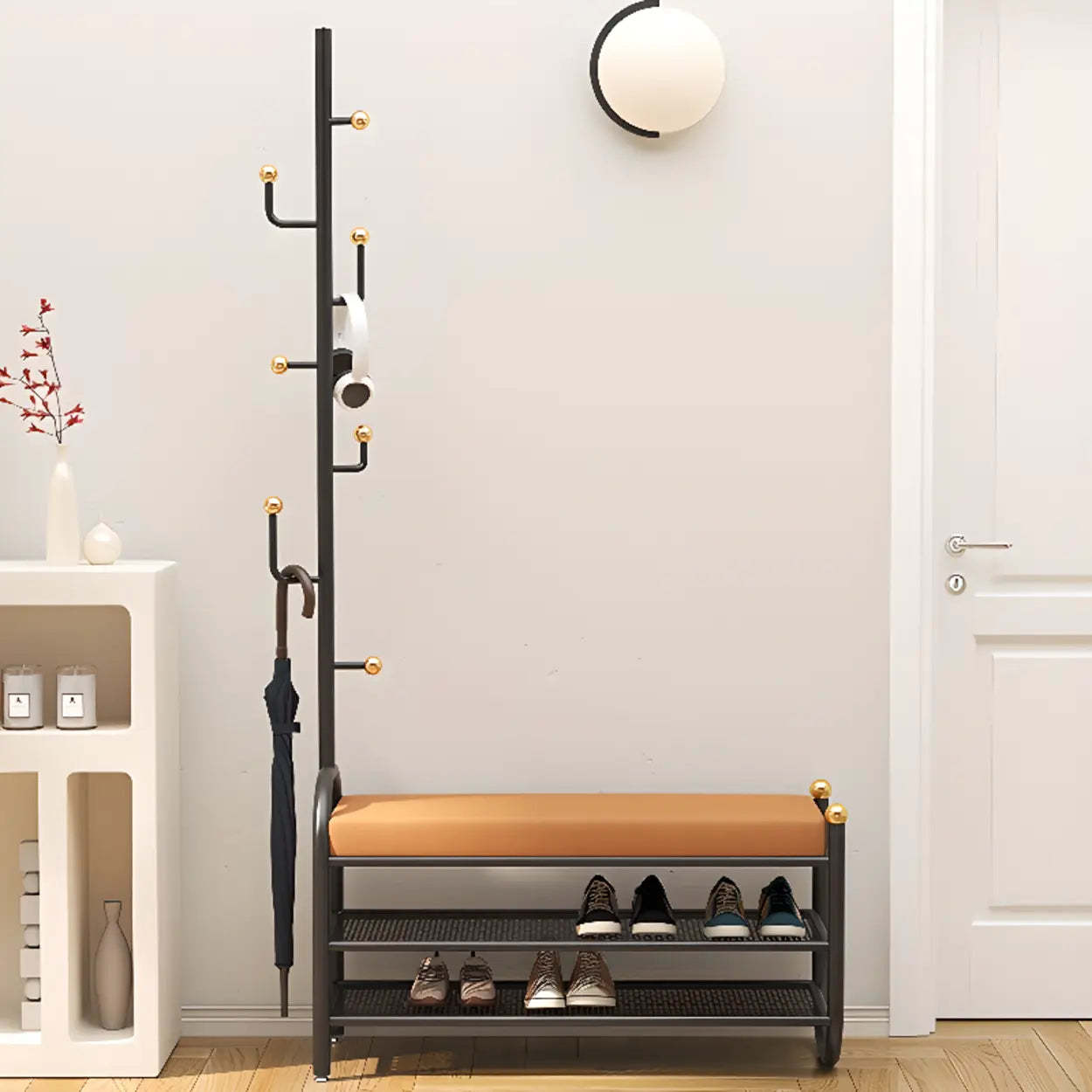 Entryway Bench with Coat Rack and Shoe Storage — Black