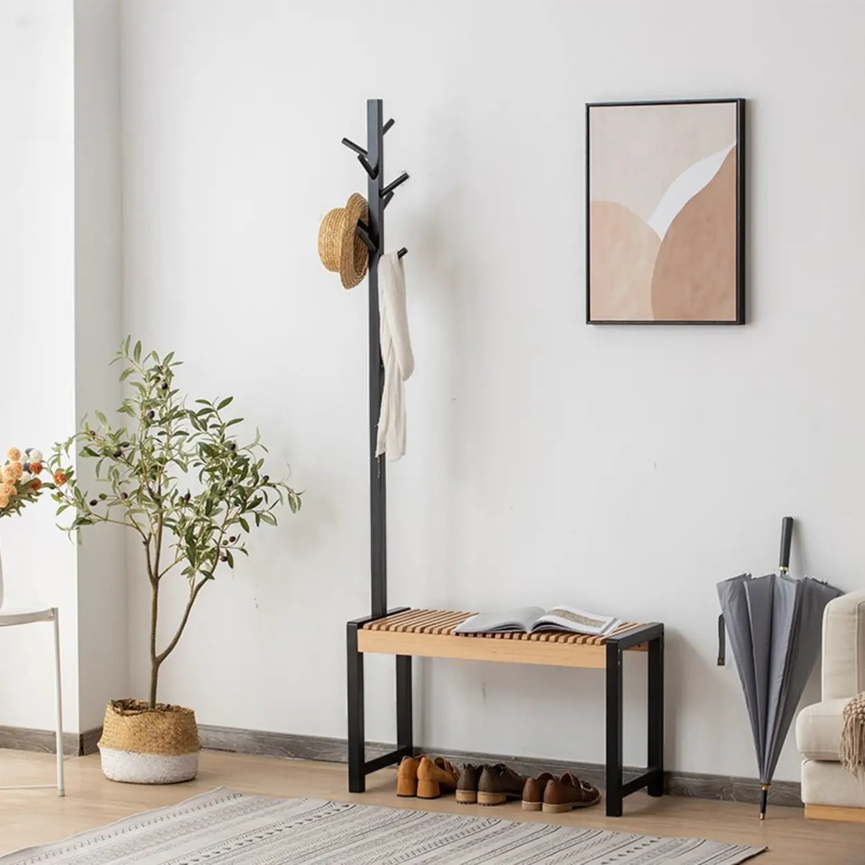 Modern Coat-Rack Entryway Bench with Shoe Storage