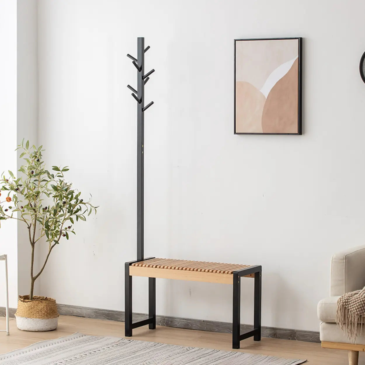 Modern Coat-Rack Entryway Bench with Shoe Storage