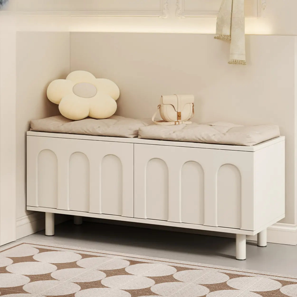 Modern Cushioned Entryway Shoe Bench with Storage — Natural/ White
