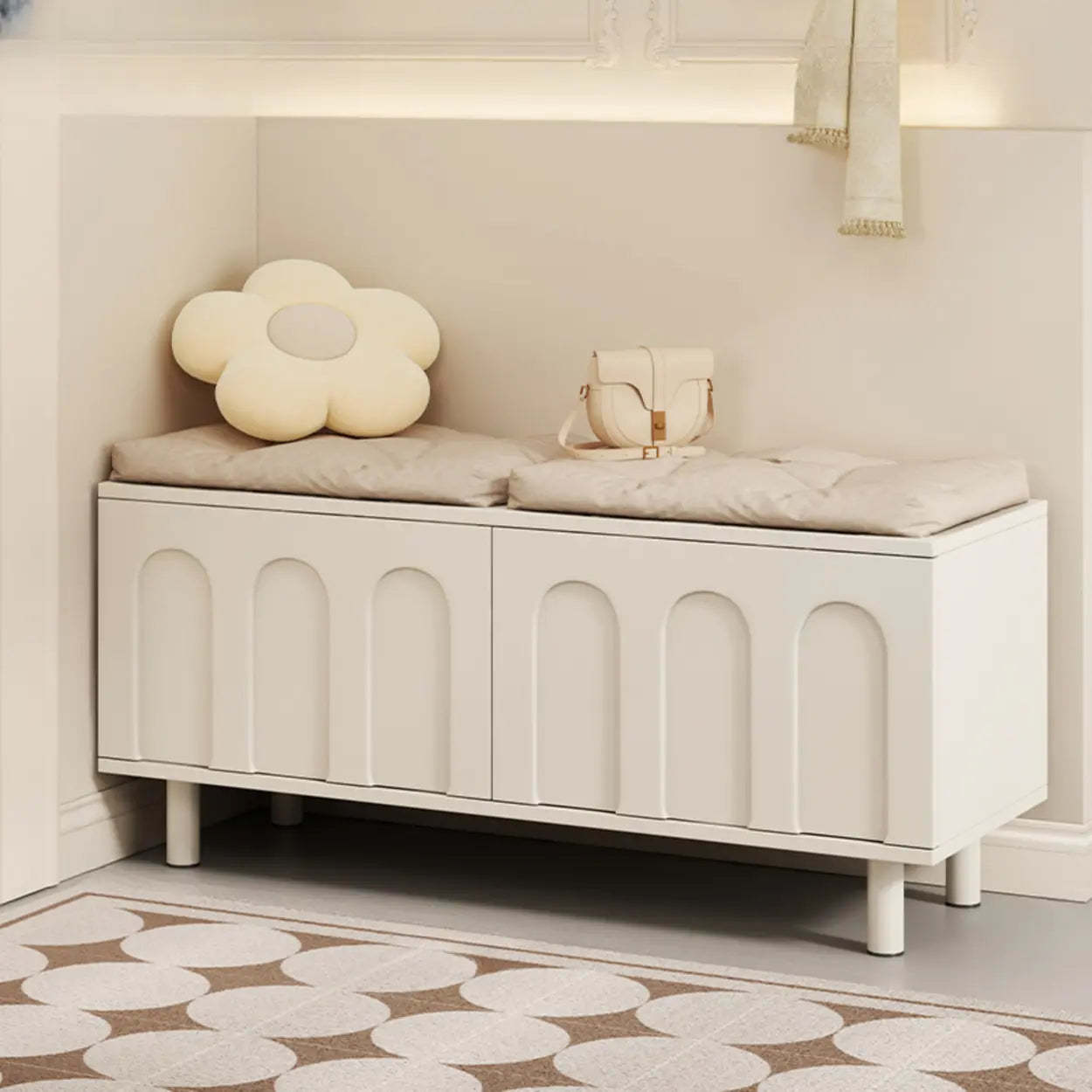 Modern Cushioned Entryway Shoe Bench with Storage — Natural/ White