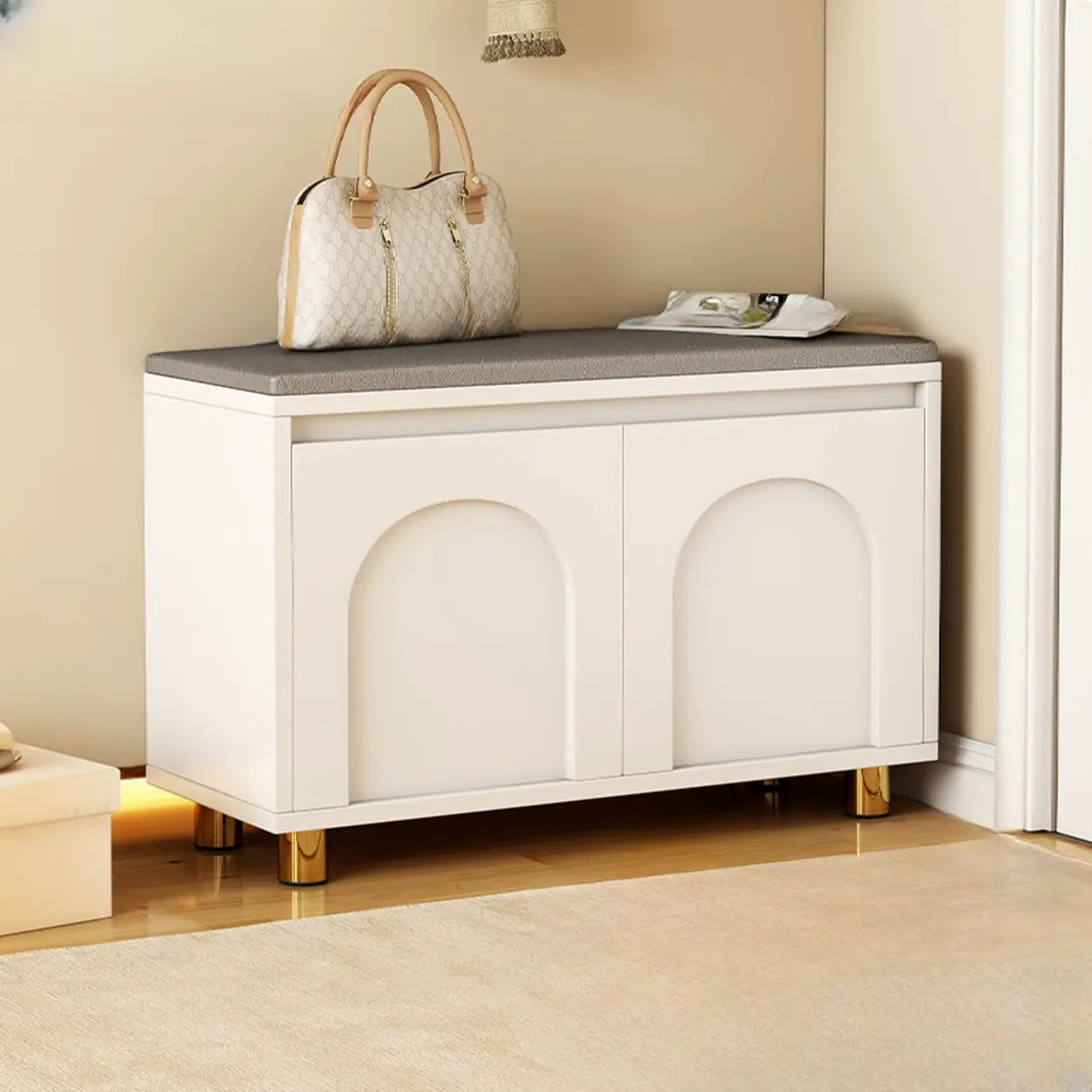 Modern Cushioned Entryway Shoe Bench with Storage — White