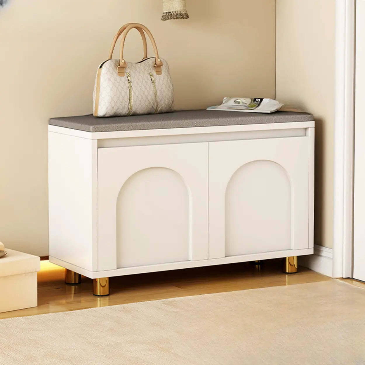 Modern Cushioned Entryway Shoe Bench with Storage — White
