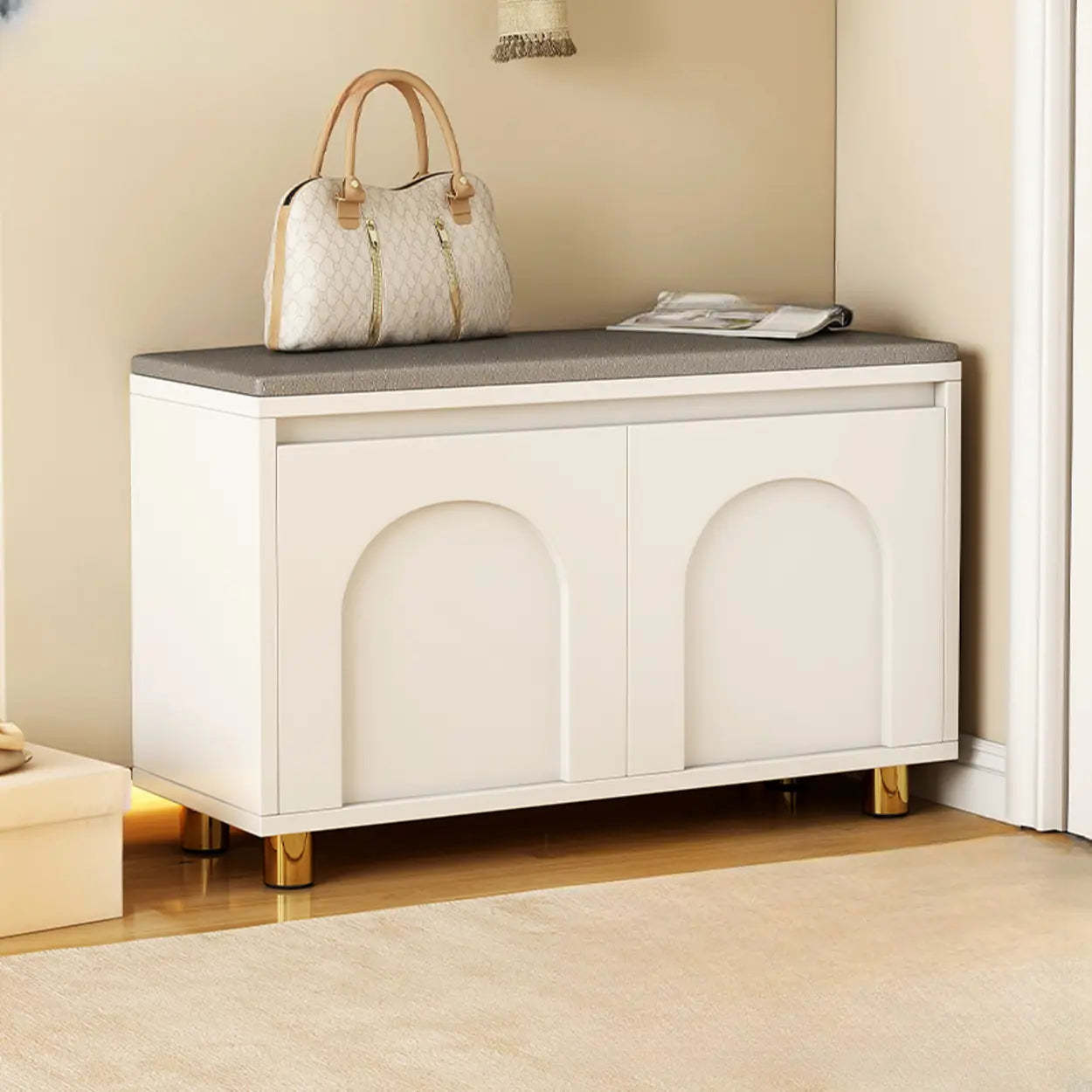 Modern Entryway Shoe Bench with Storage and Cushion