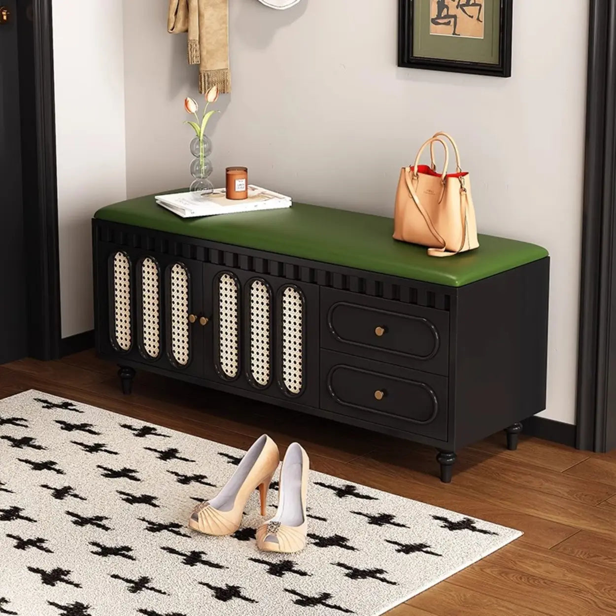Modern Entryway Storage Bench with Cushion and Drawers
