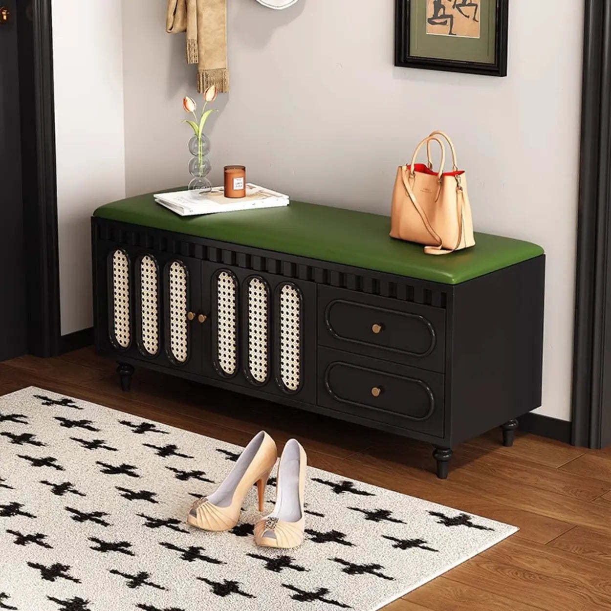 Modern Entryway Storage Bench with Cushion and Drawers
