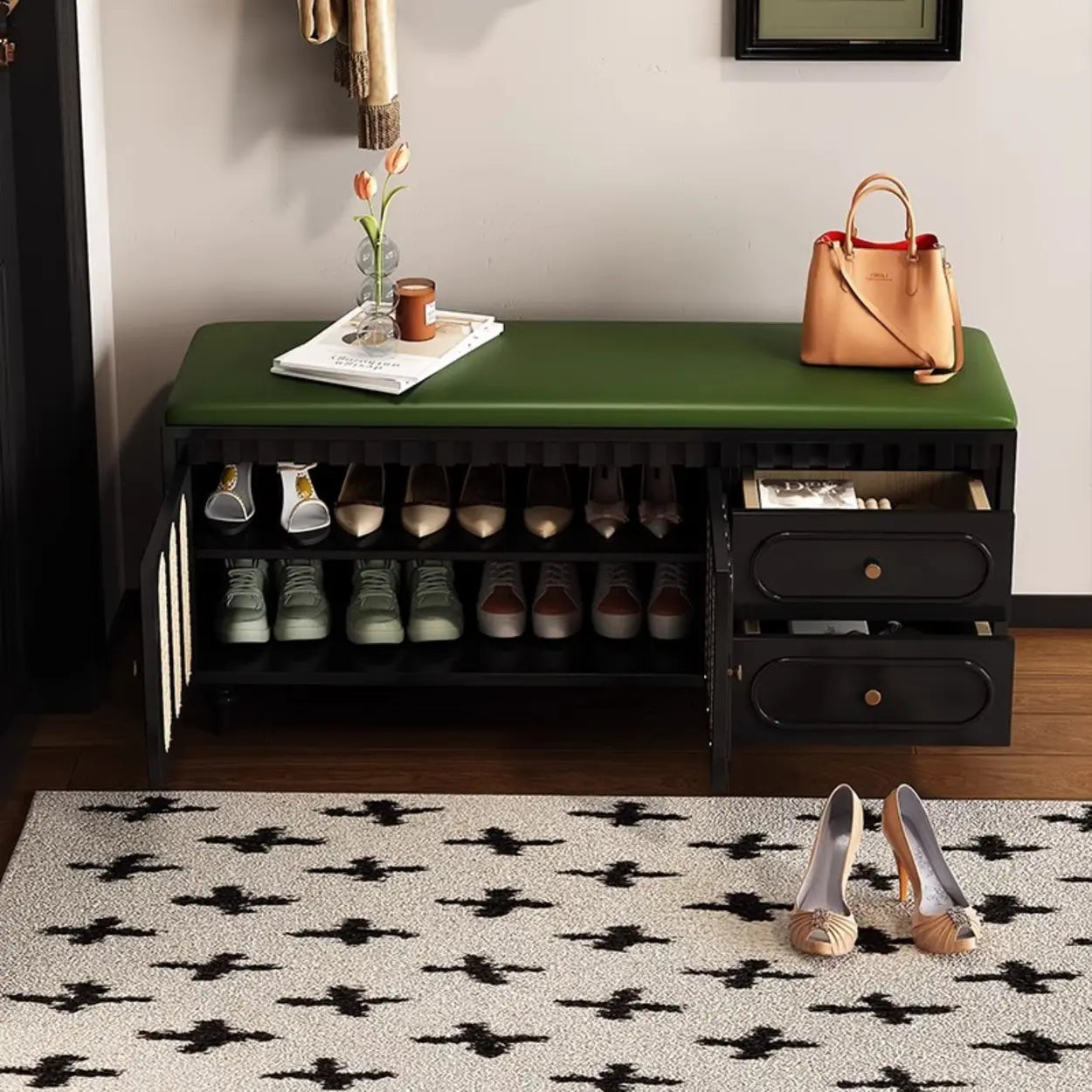 Modern Entryway Storage Bench with Cushion and Drawers