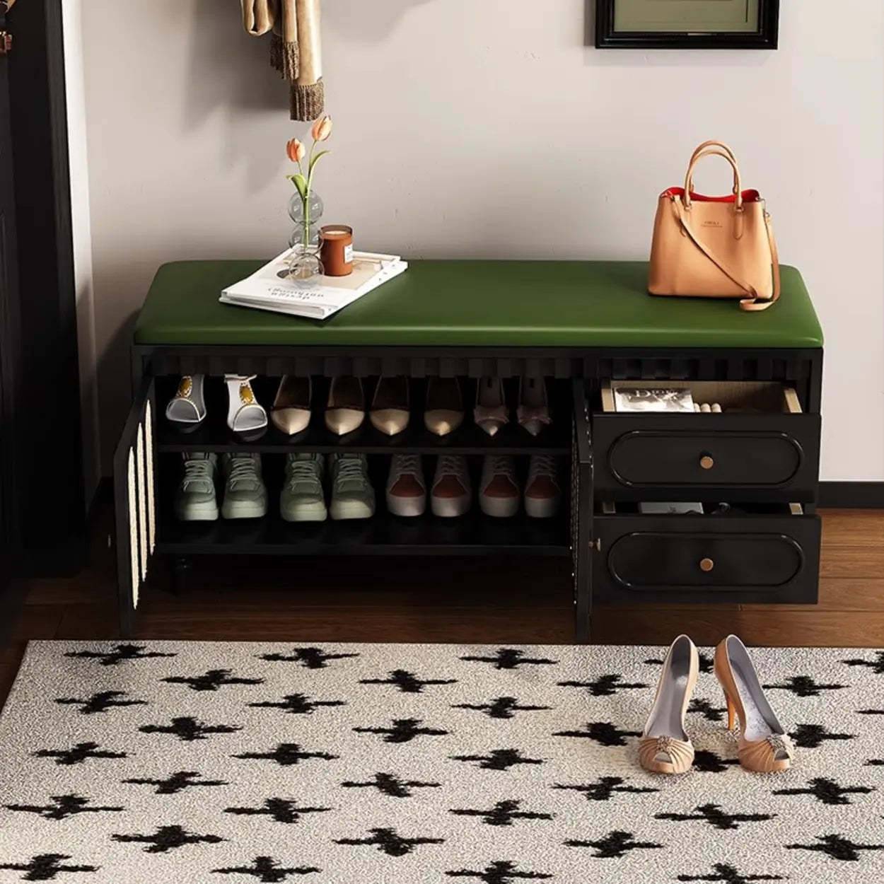 Modern Entryway Storage Bench with Cushion and Drawers