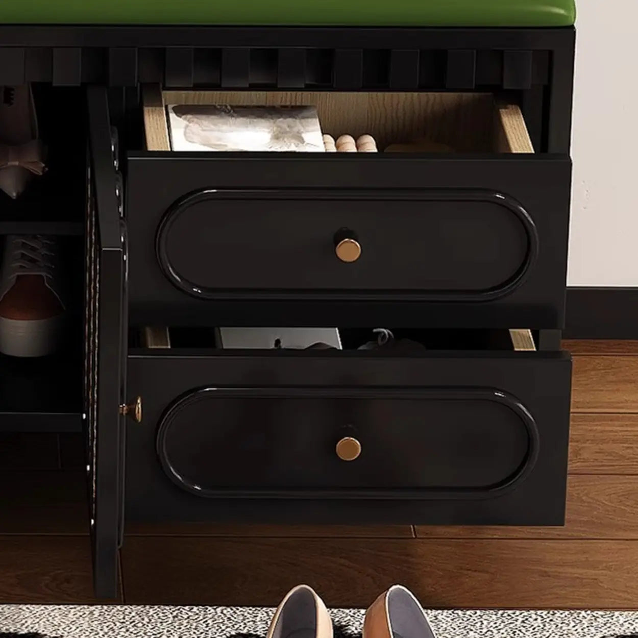 Modern Entryway Storage Bench with Cushion and Drawers