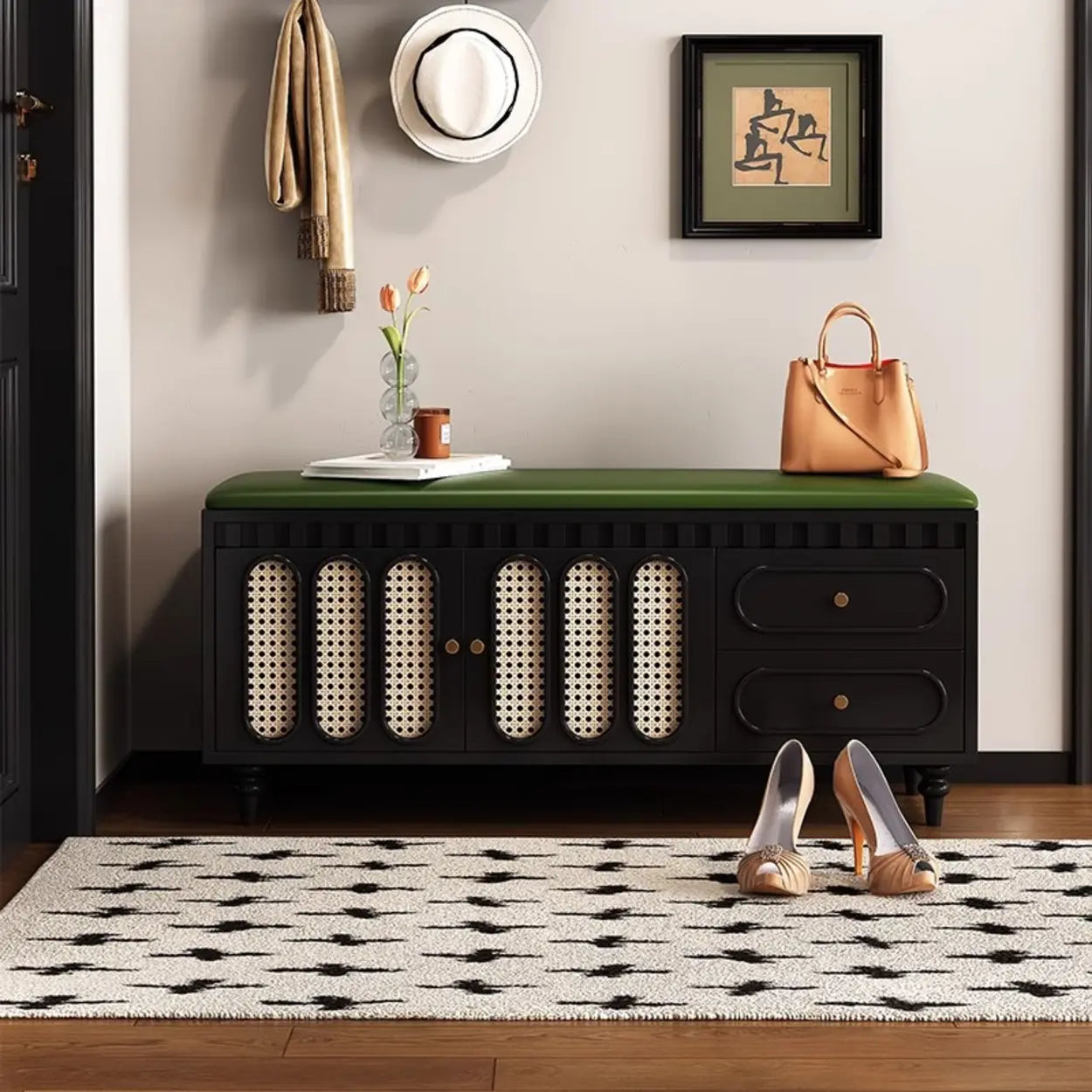 Modern Entryway Storage Bench with Cushion and Drawers