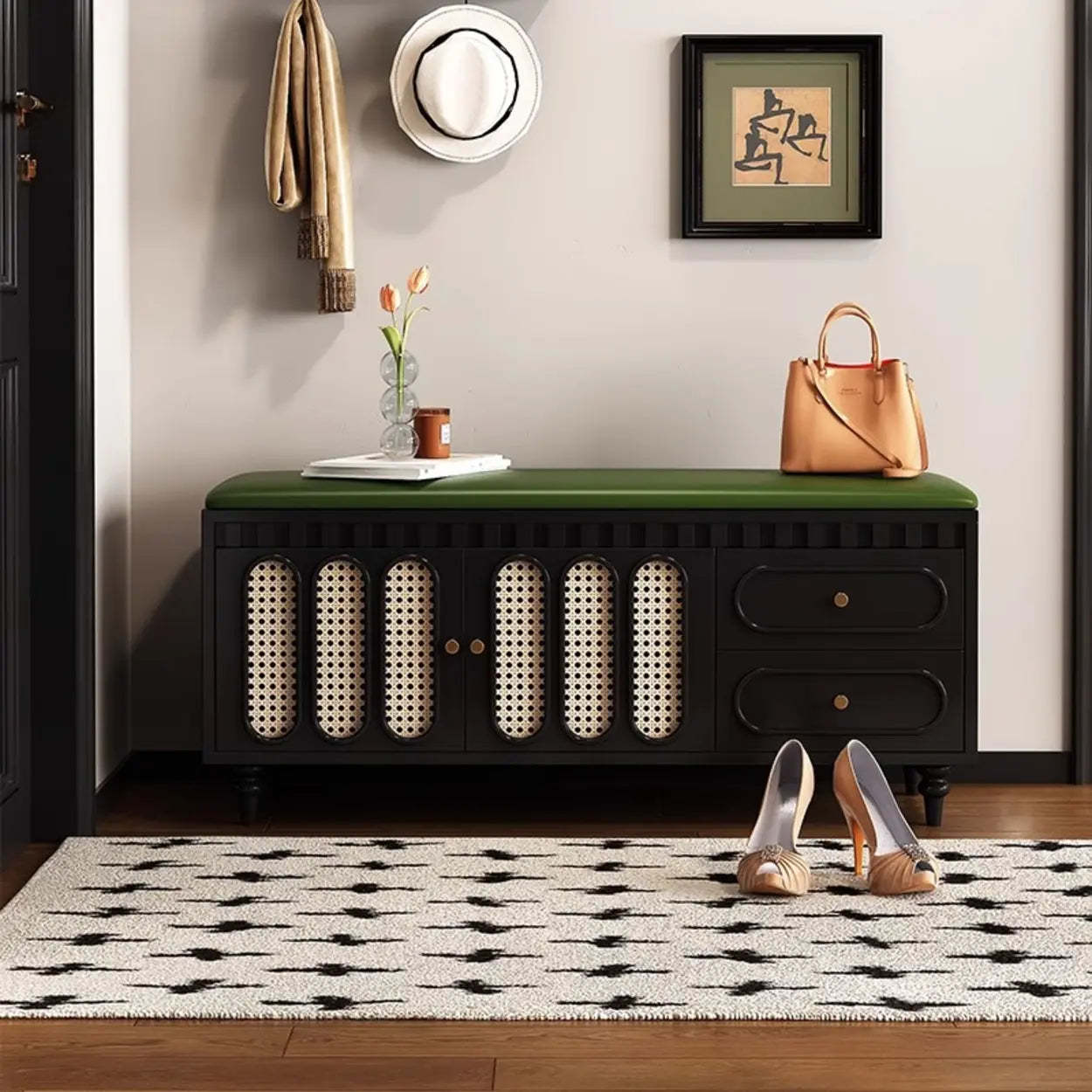 Modern Entryway Storage Bench with Cushion and Drawers