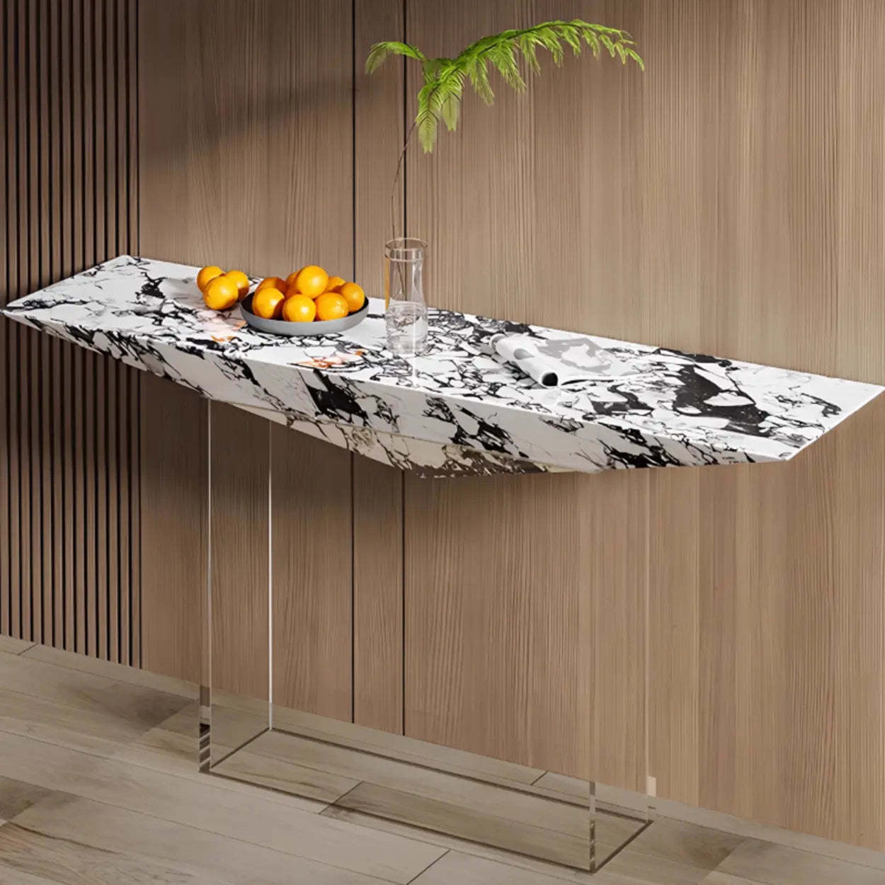 Modern Triangle Stone Acrylic Base Console Table — White