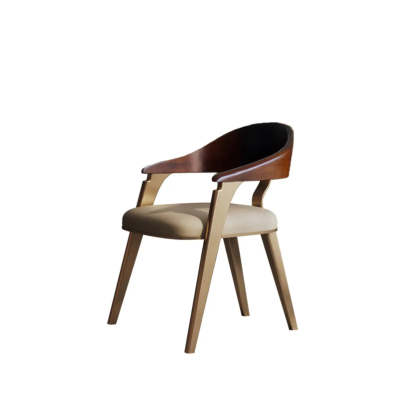 Modern Ergonomic Leather Curved-Back Dining Arm Chair — Microfiber Leather / Antique Brass