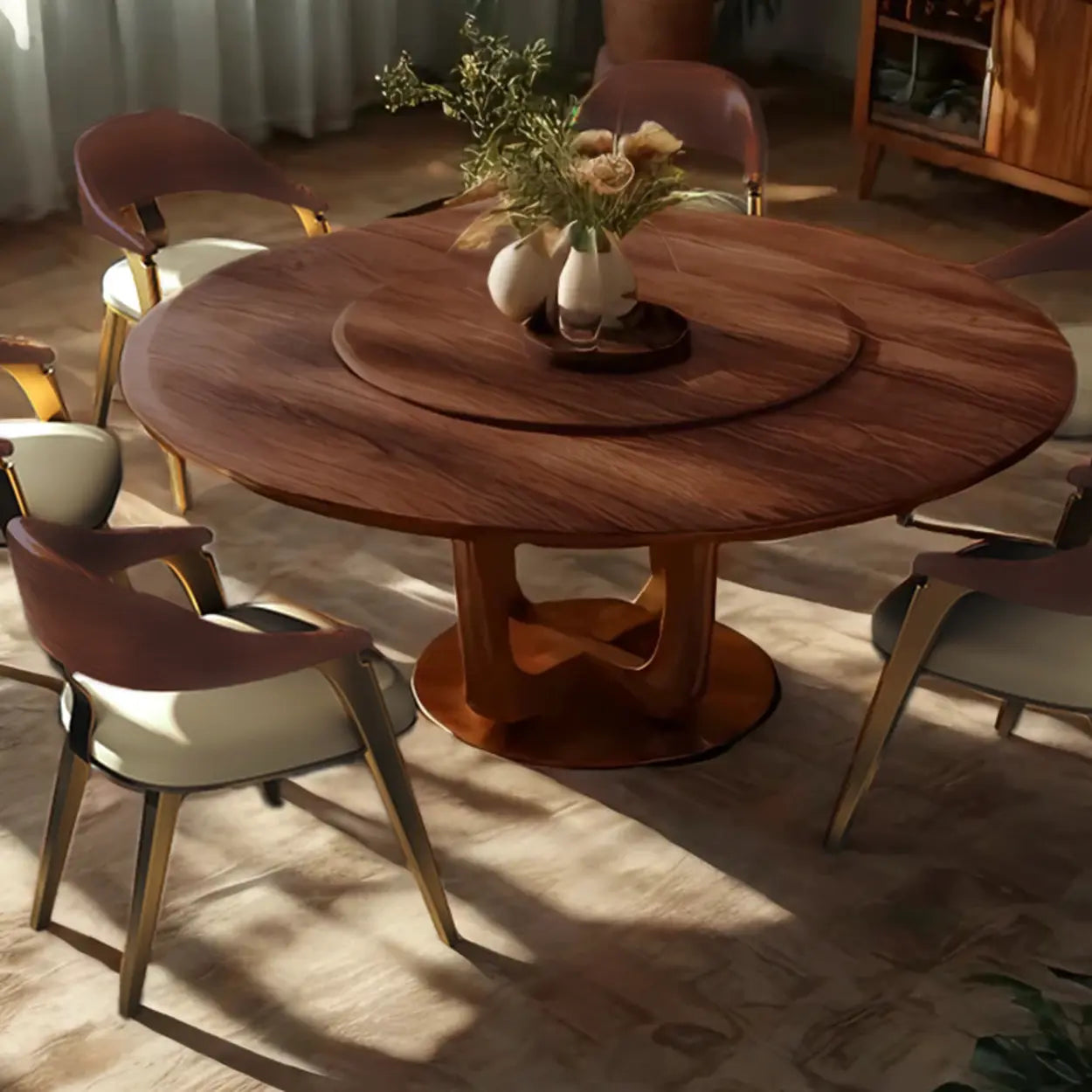 Modern Ergonomic Leather Curved-Back Dining Arm Chair — Top Grain Leather / Champagne Gold