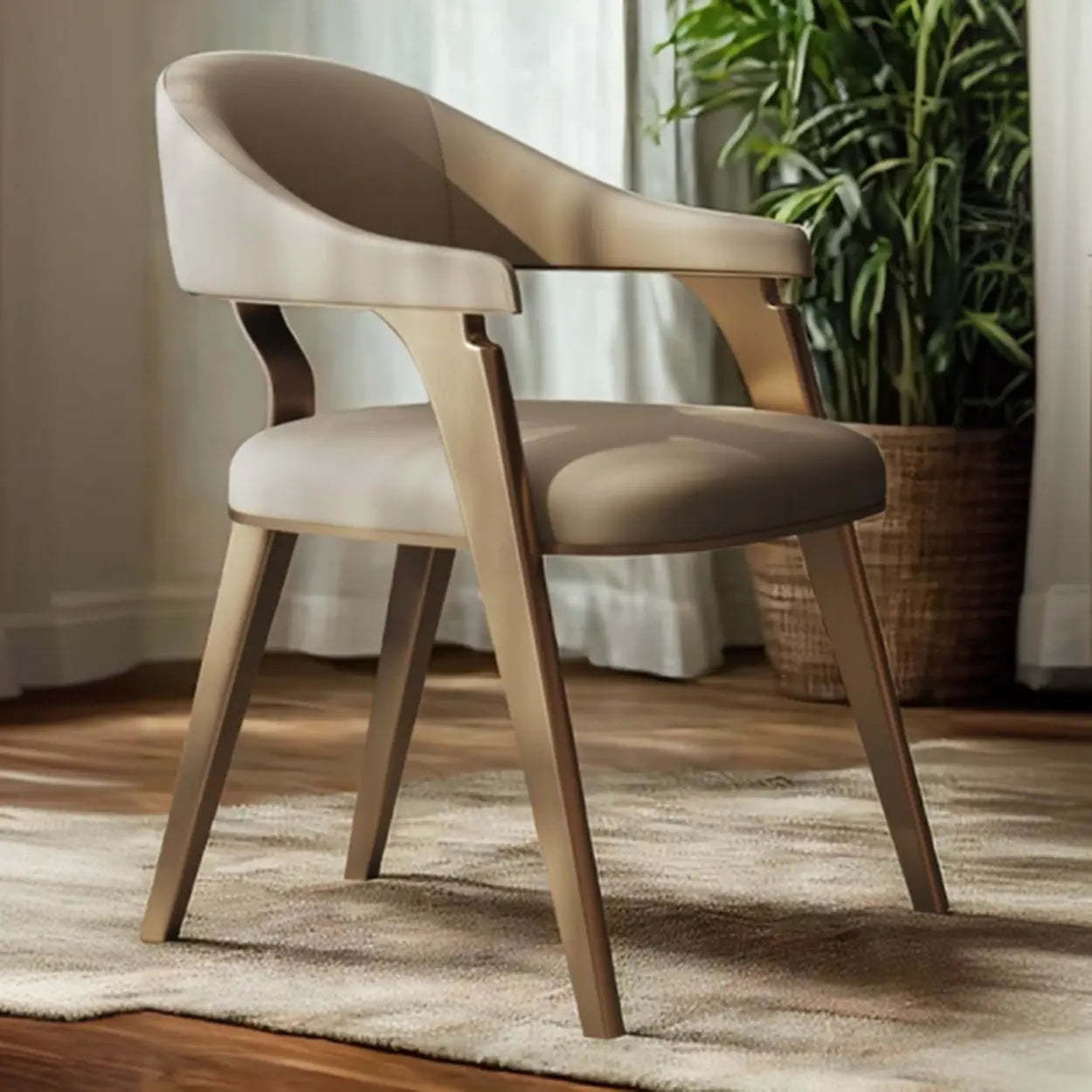 Modern Ergonomic Leather Padded Dining Arm Chair — Champagne Gold / Microfiber Leather