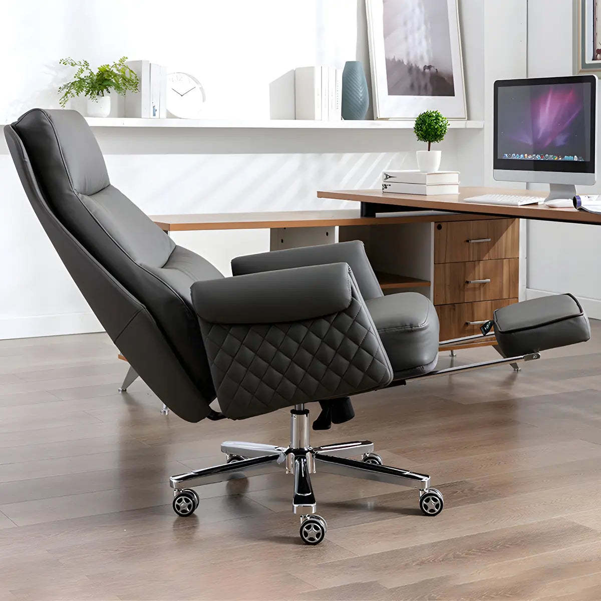 Modern Ergonomic Leather Office Chair with Wheels — 6 Piece Set / Black / Faux Leather