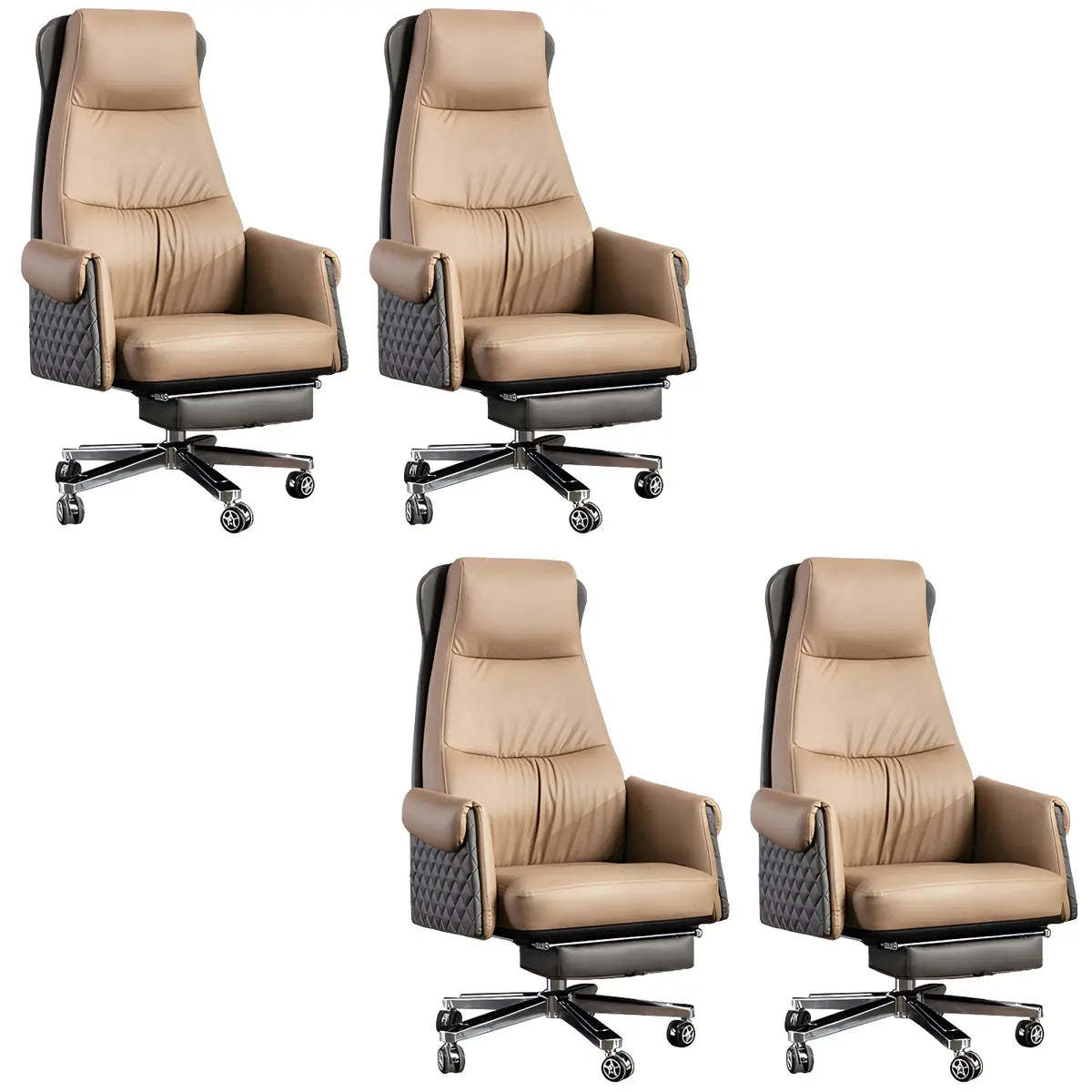 Gray leather wheels office chairs - leather — Faux Leather / Khaki / Set of 4