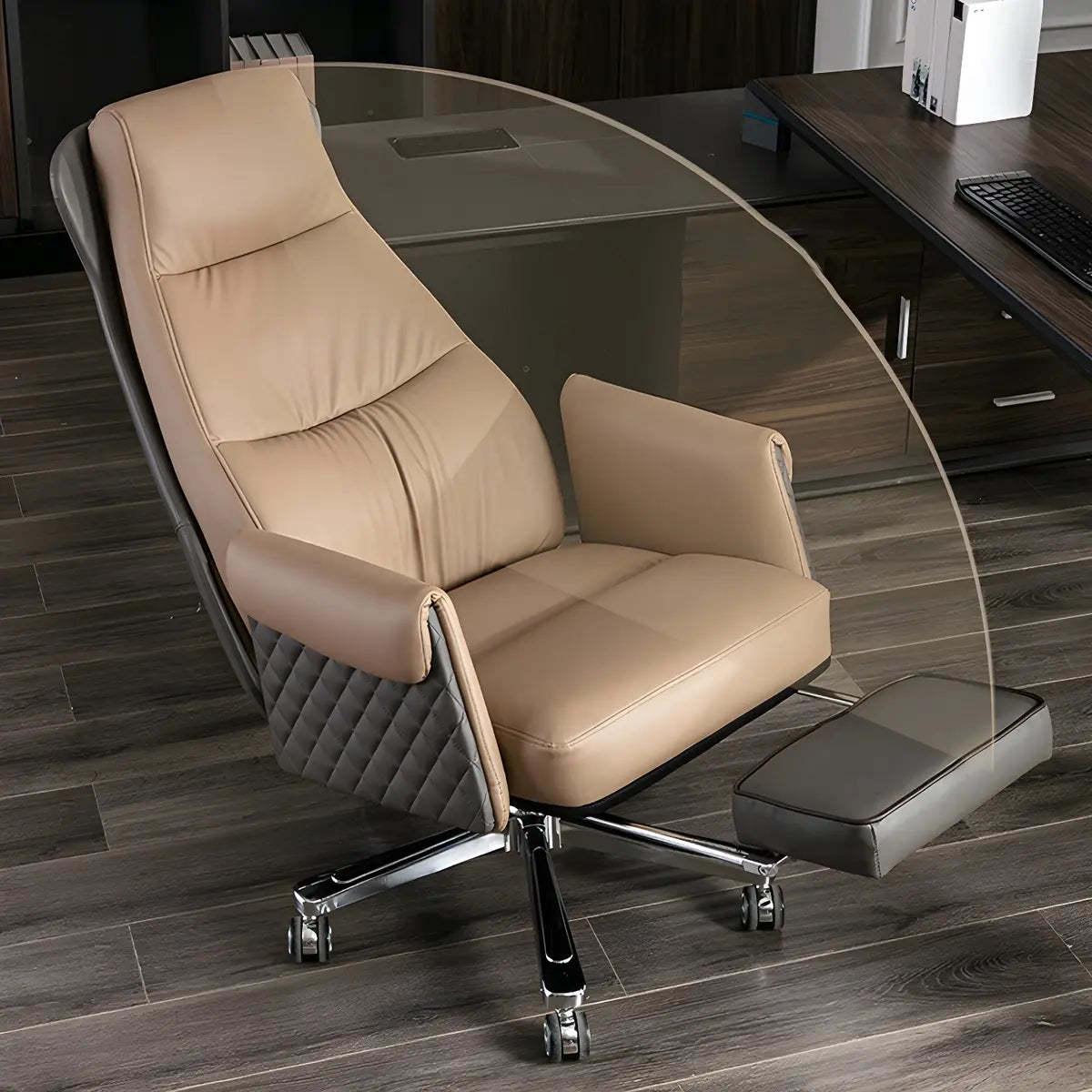 Modern Ergonomic Leather Office Chair with Wheels — 1 Piece / Khaki / Genuine Leather