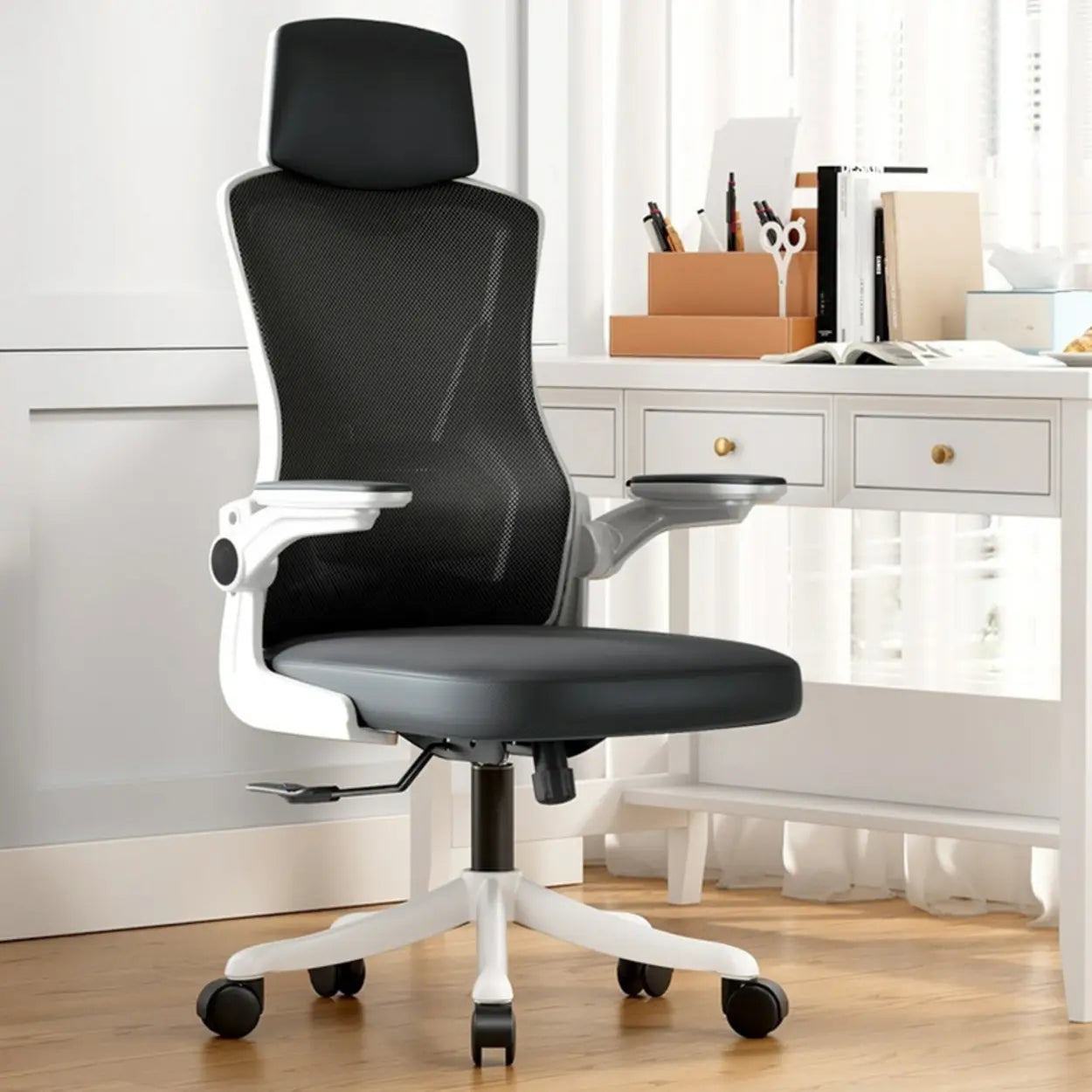 Modern Ergonomic Mesh Office Chair with Adjustable Arms — Latex / White / Tilt Available