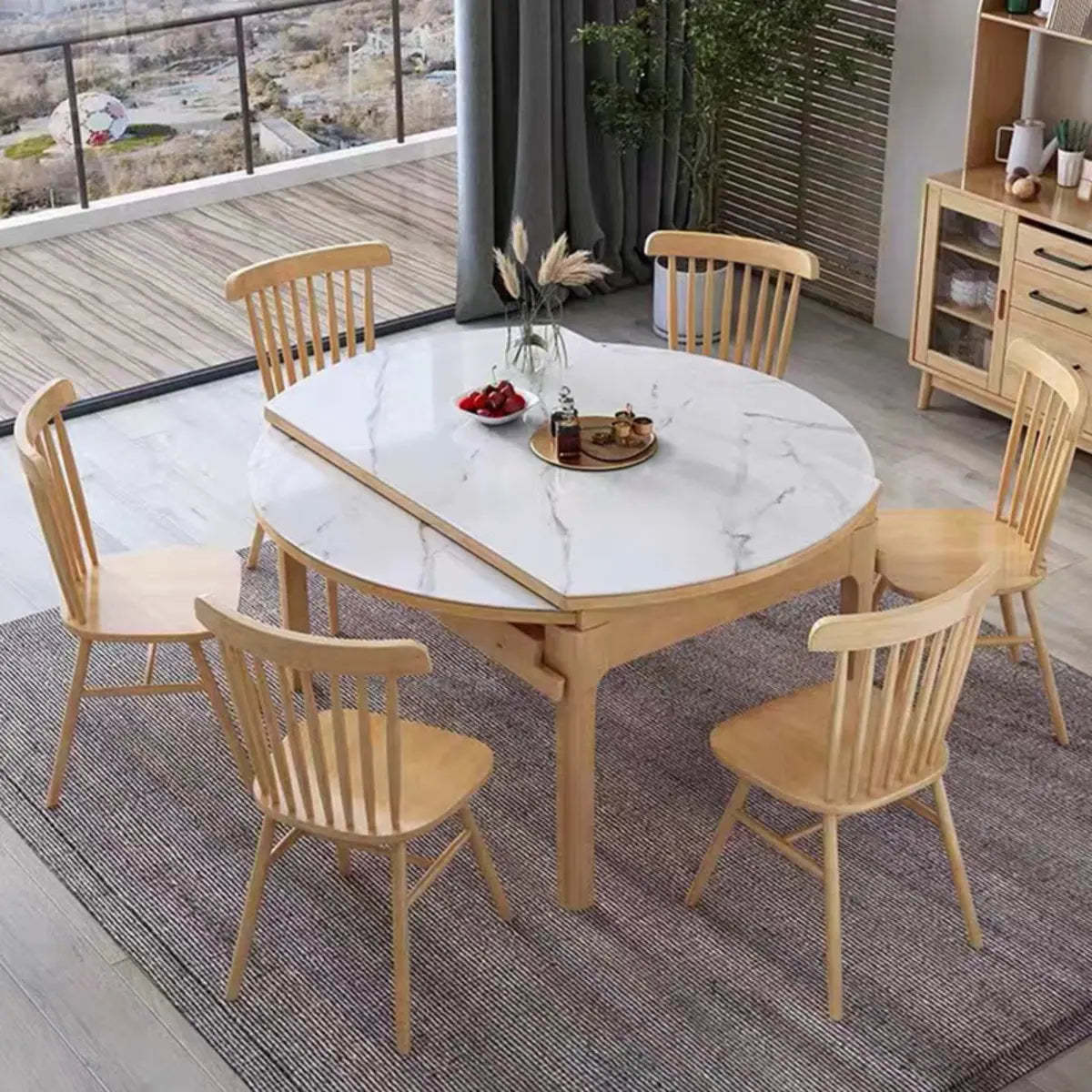 Modern Extendable Round White Sintered Stone Dining Table — Natural / Without Chairs