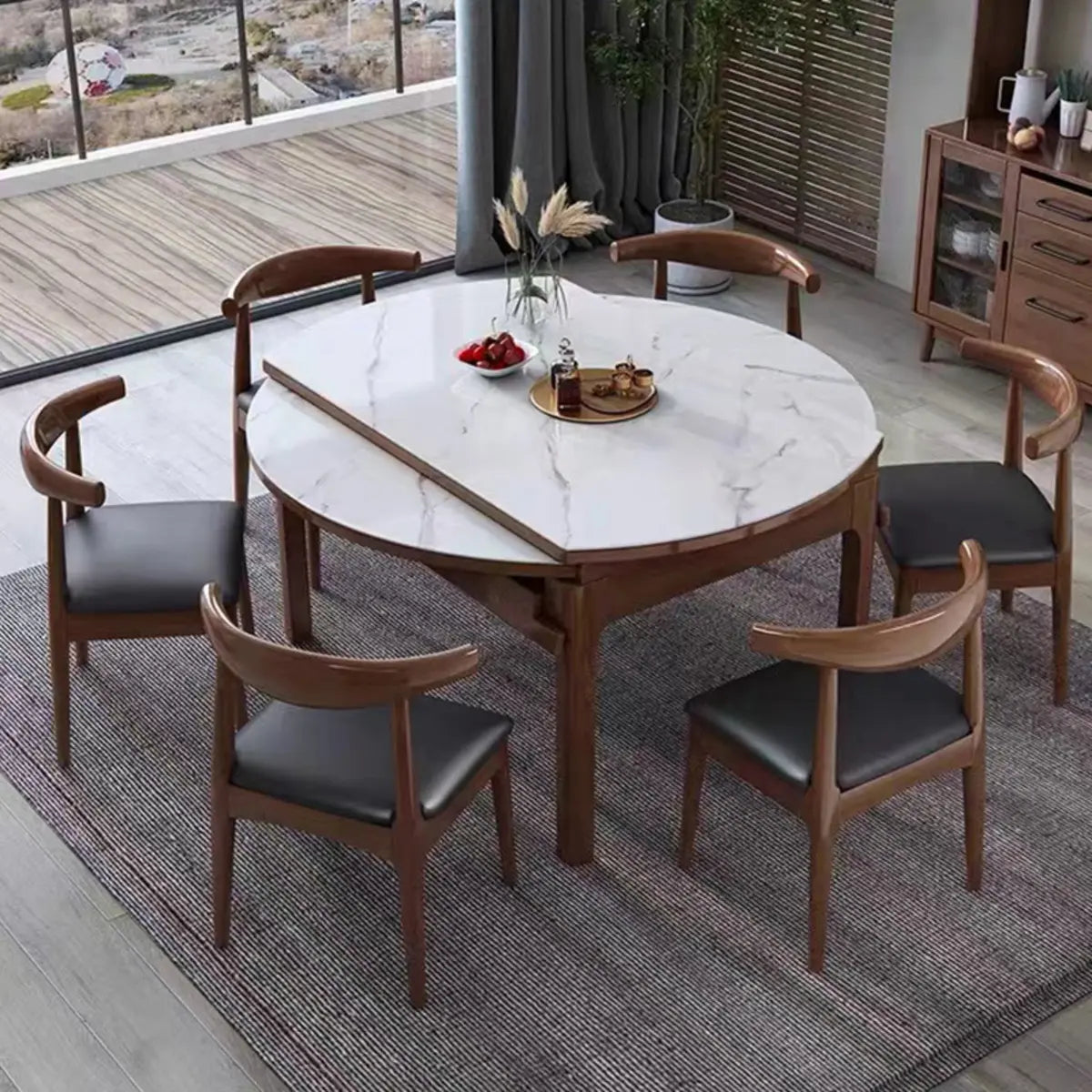 Modern Extendable Round White Sintered Stone Dining Table — Natural / Without Chairs