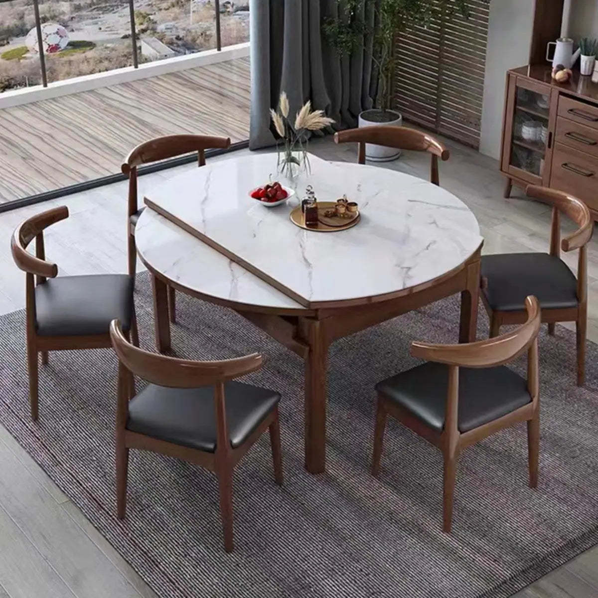 Modern Extendable Round White Sintered Stone Dining Table — Natural / Without Chairs
