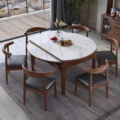 Modern Extendable Round White Sintered Stone Dining Table — Natural / Without Chairs