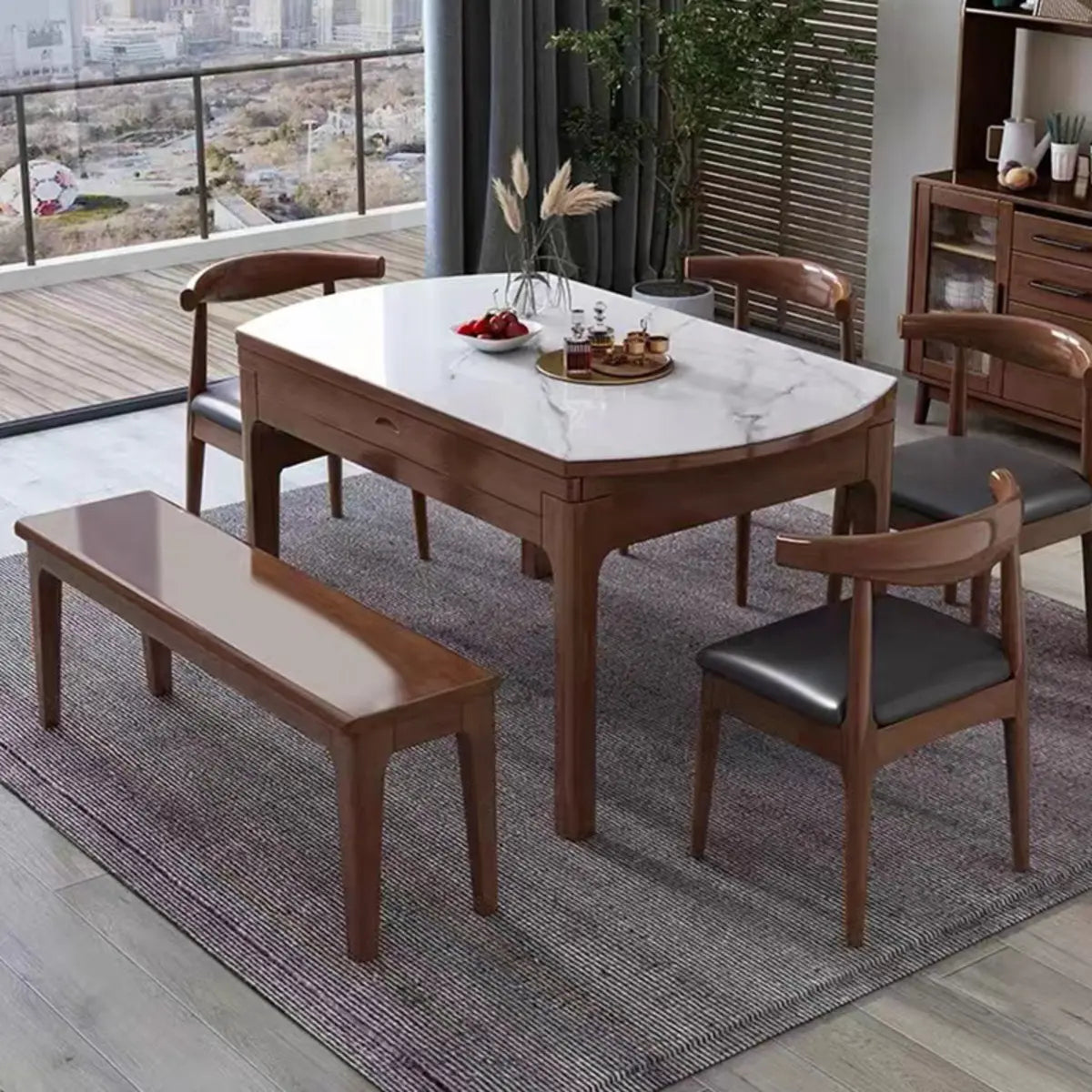 Modern Extendable Round White Sintered Stone Dining Table — Walnut / Without Chairs