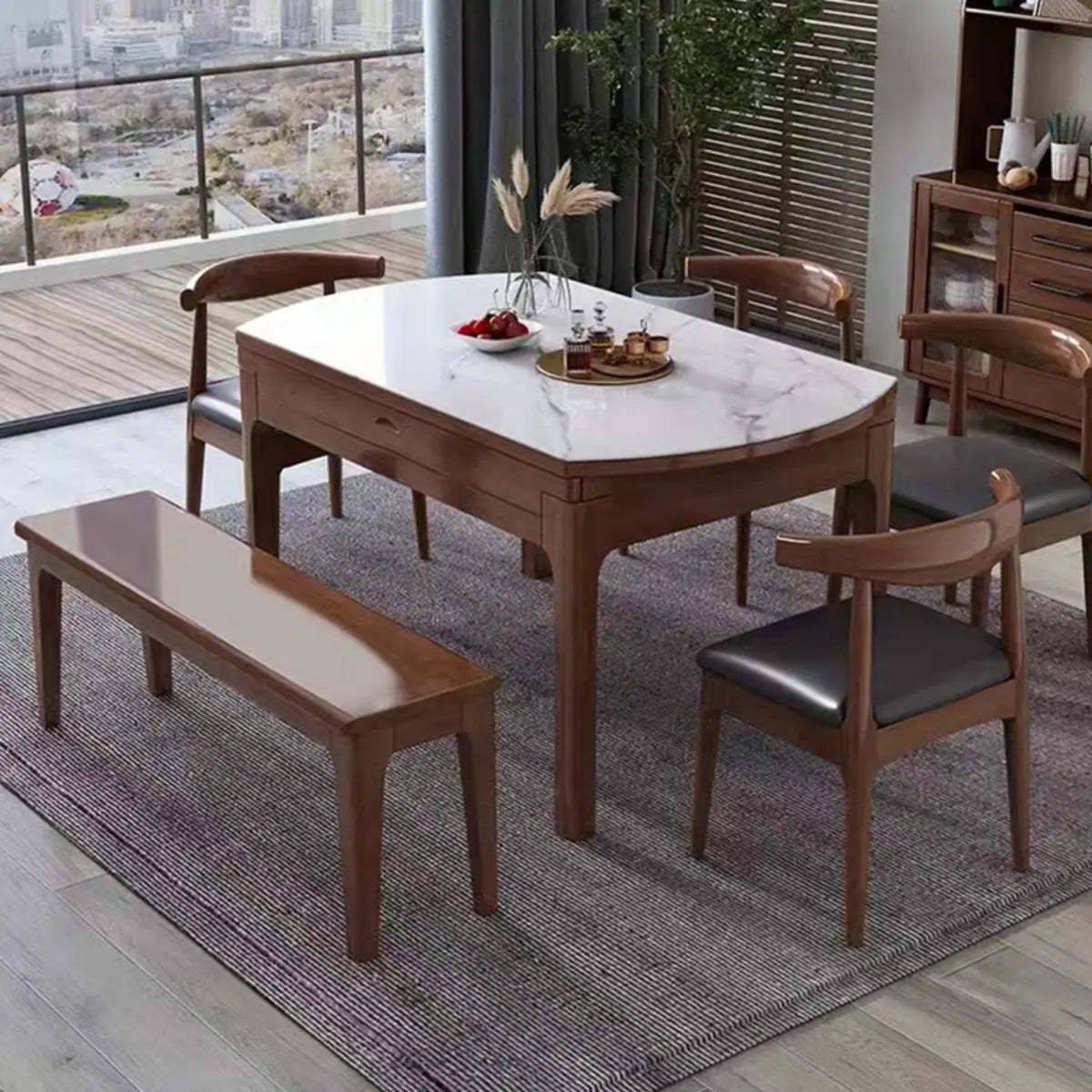 Modern Extendable Round White Sintered Stone Dining Table — Walnut / Without Chairs