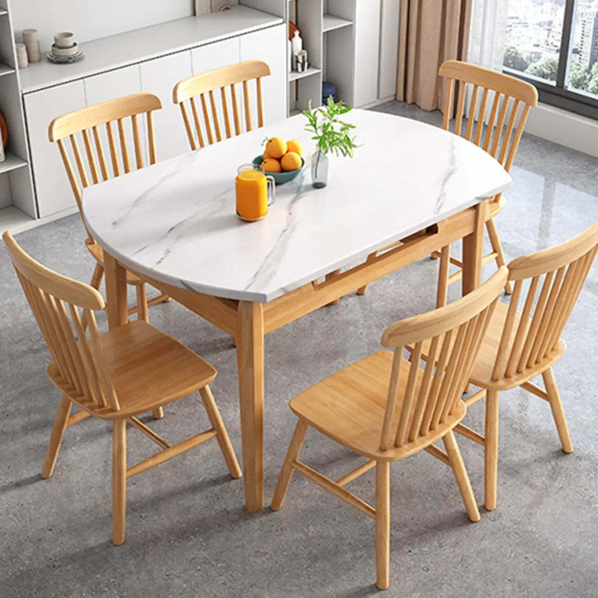 Modern Extendable Round White Sintered Stone Dining Table — Walnut / Without Chairs