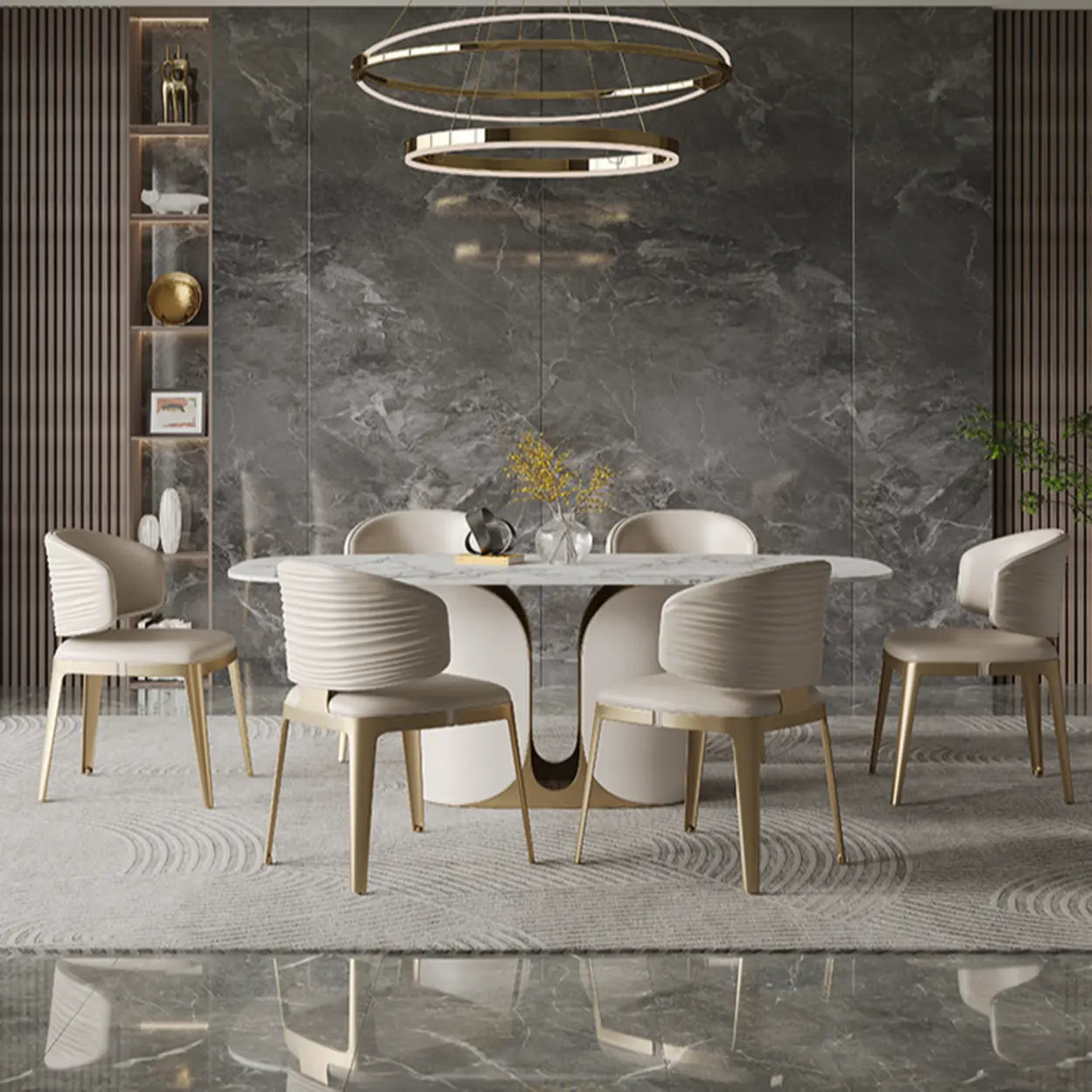 Modern Glam Pleated Faux Leather Dining Chair — off-white / Rose Gold