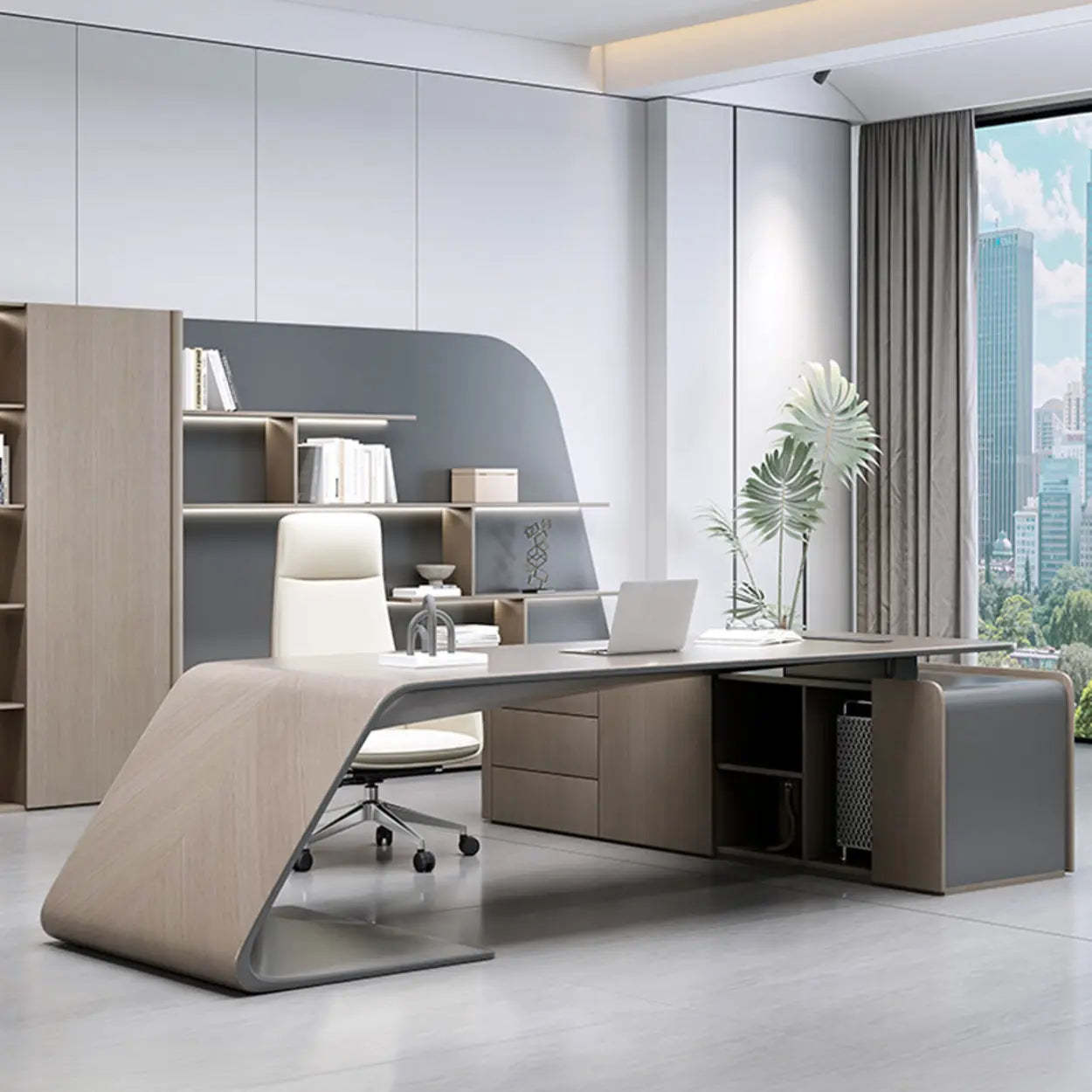 Modern L-Shaped Wood Executive Desk — Table Only