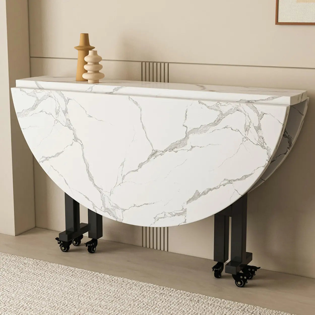 Foldable Marble-Top Dining Table on Wheels