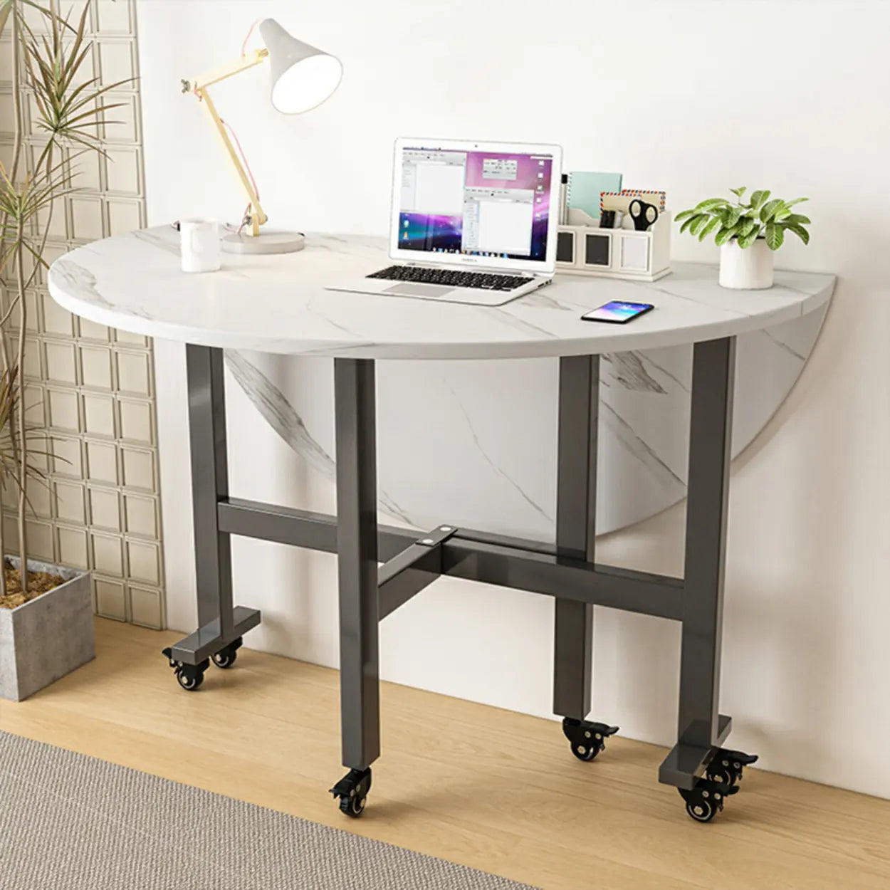 Foldable Marble-Top Dining Table on Wheels