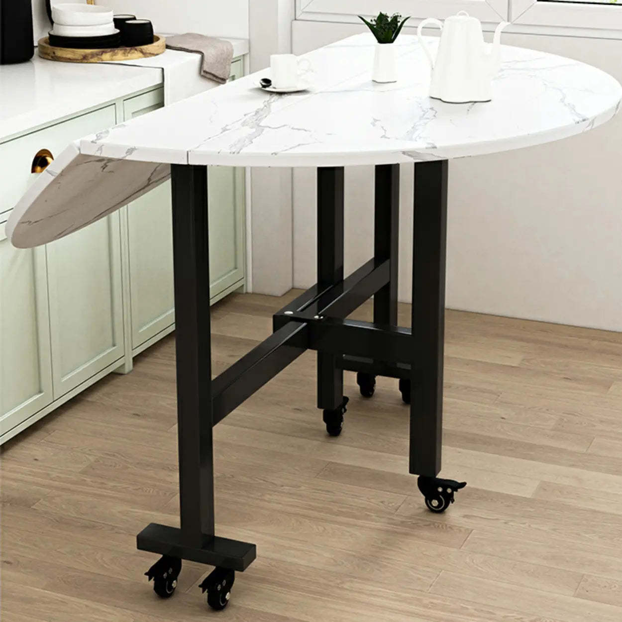 Foldable Marble-Top Dining Table on Wheels