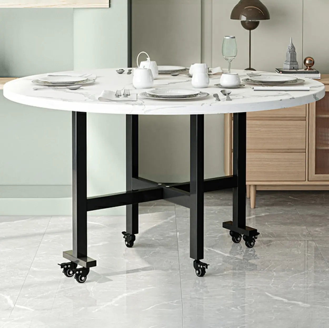 Foldable Marble-Top Dining Table on Wheels