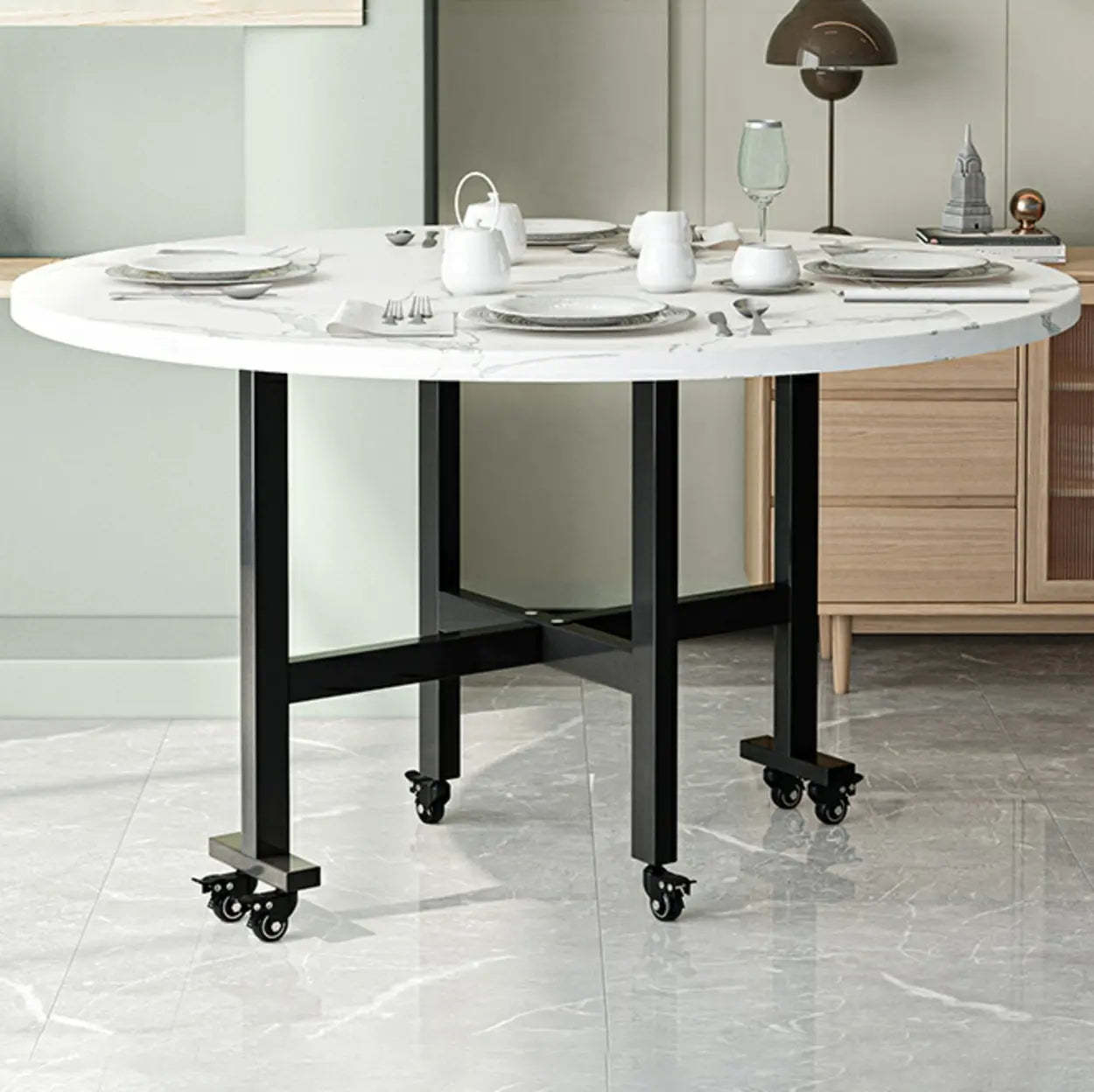 Foldable Marble-Top Dining Table on Wheels