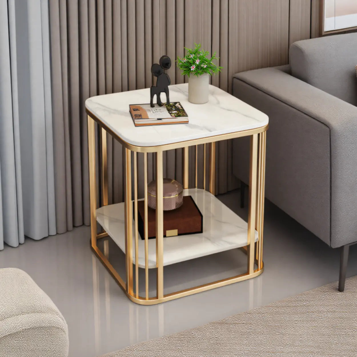 Stone Metal Square Side Table with Shelf