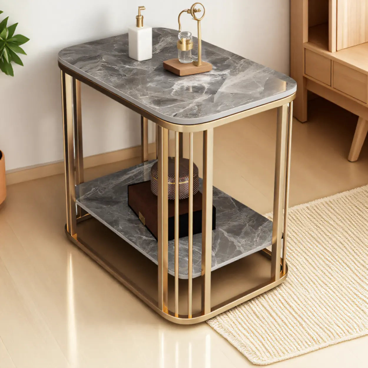 Stone Metal Square Side Table with Shelf