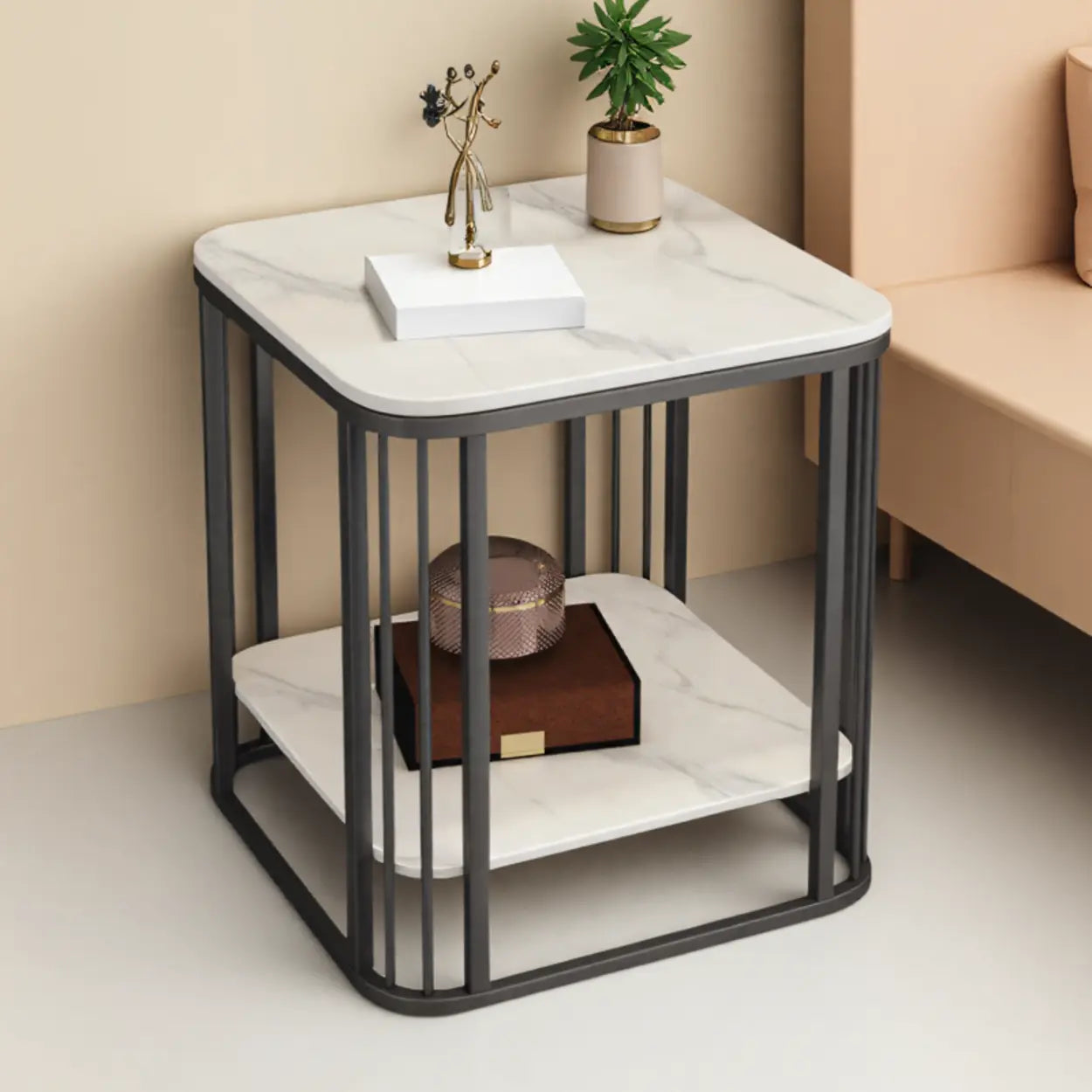 Stone Metal Square Side Table with Shelf