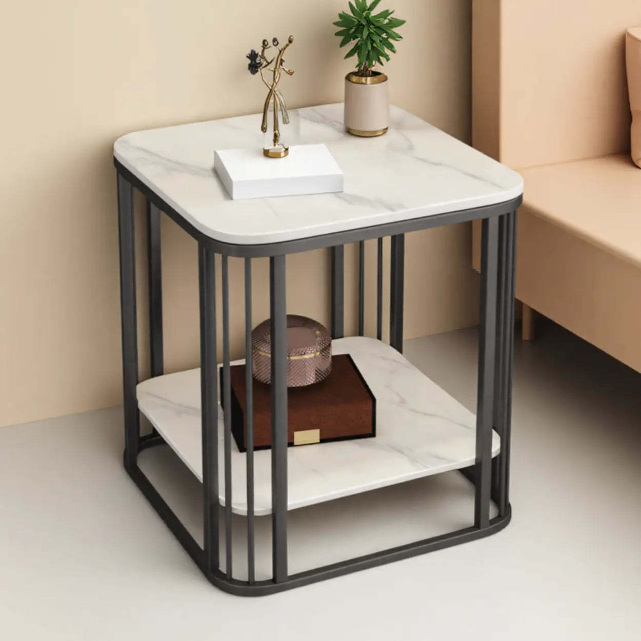 Stone Metal Square Side Table with Shelf