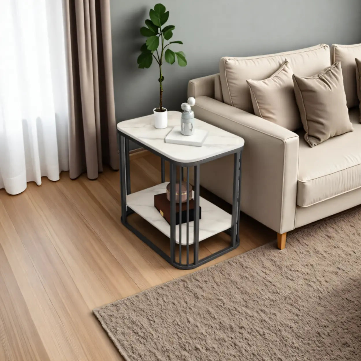 Stone Metal Square Side Table with Shelf