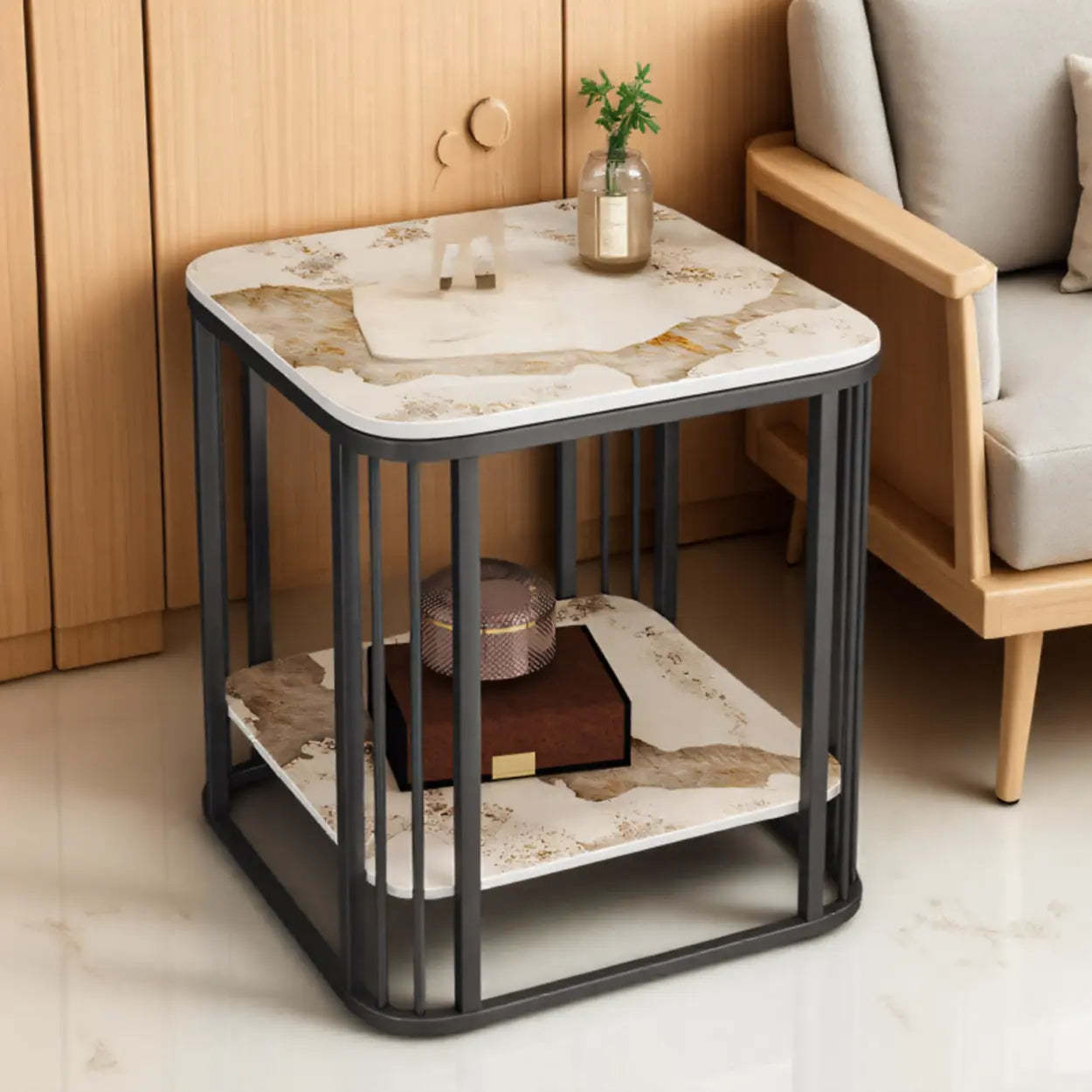 Stone Metal Square Side Table with Shelf