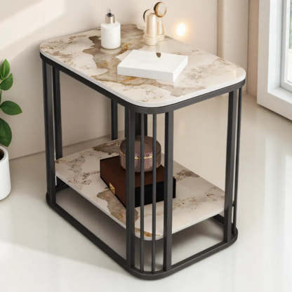 Stone Metal Square Side Table with Shelf