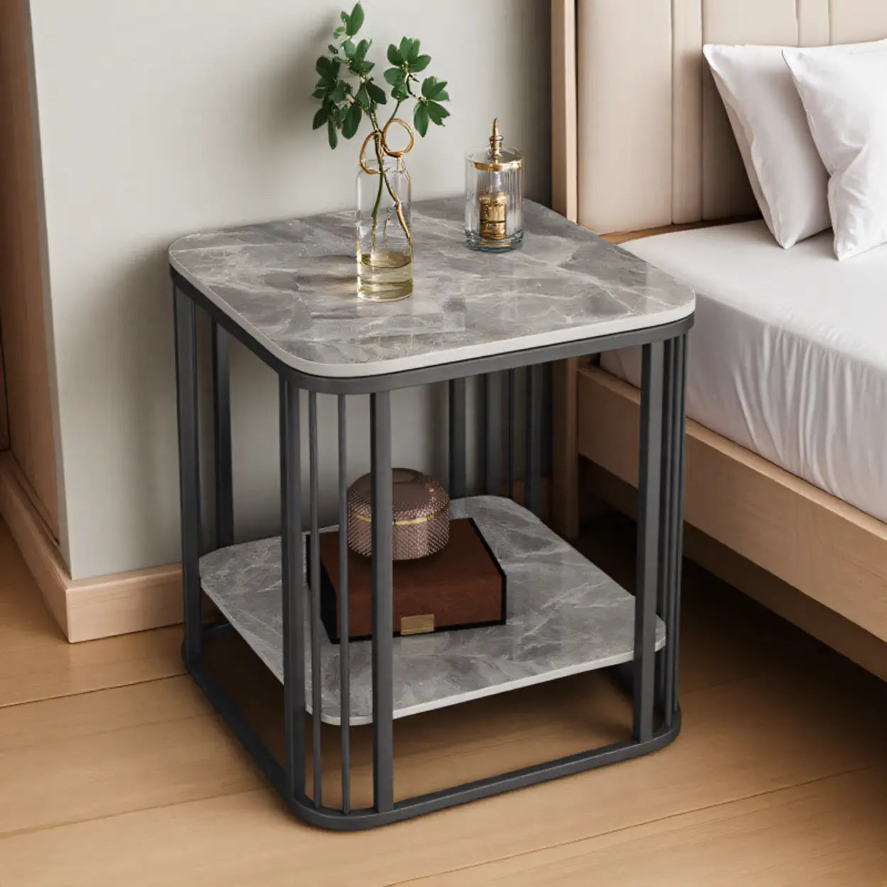Stone Metal Square Side Table with Shelf